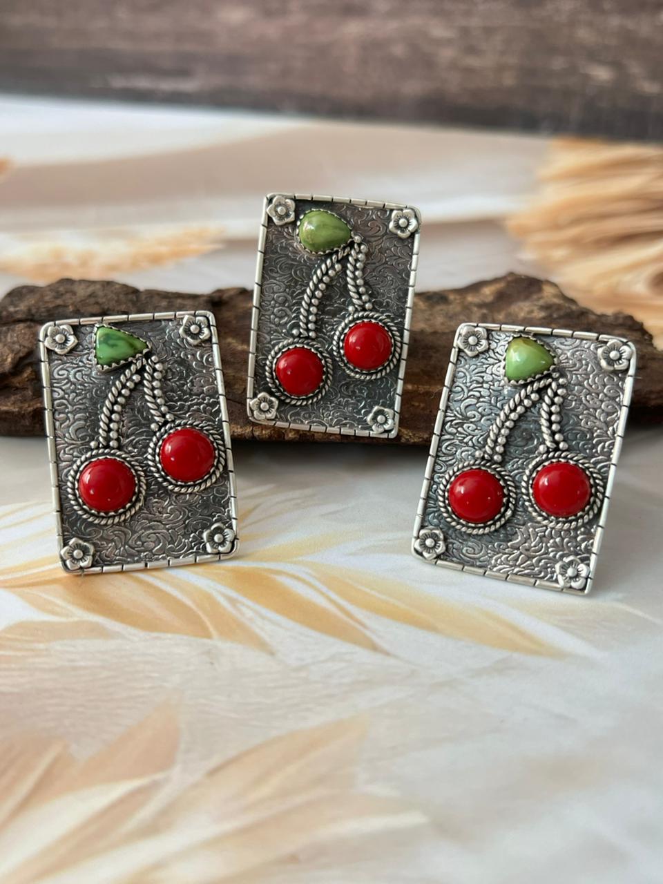 Handmade Sterling Silver Multi Stone Cherry Adjustable Ring "Signed Nizhoni"