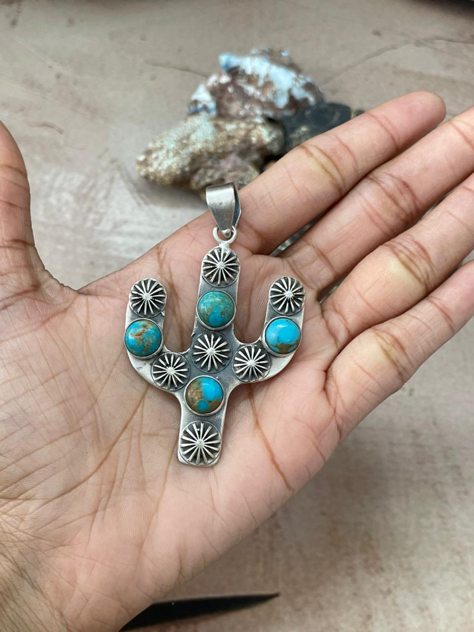 Handmade Sterling Silver Kingman Turquoise Cactus Pendant "Signed Nizhoni" (10)