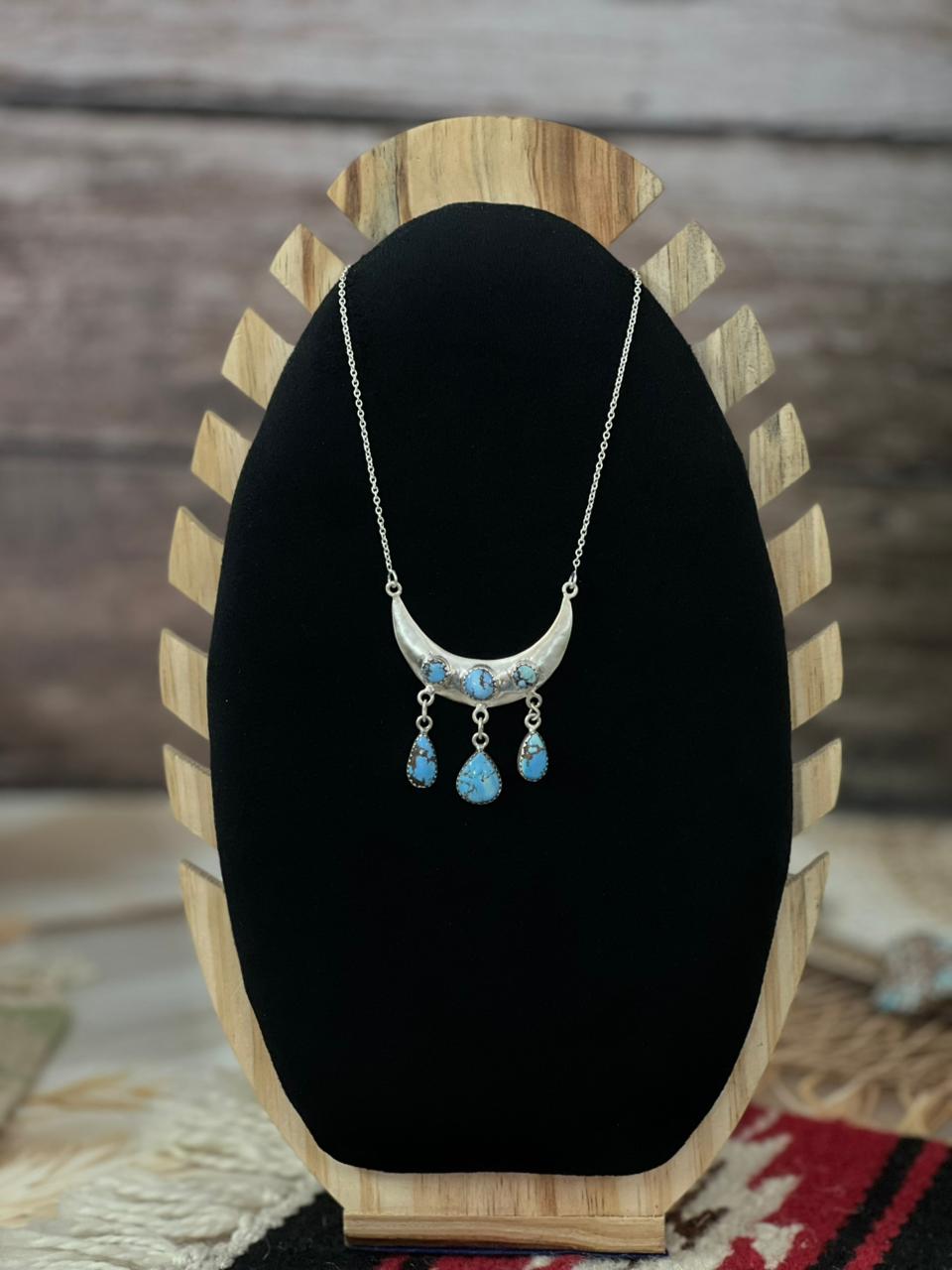 Handmade Sterling Silver Golden Hills Turquoise Moon Shape Necklace "Signed Nizhoni"