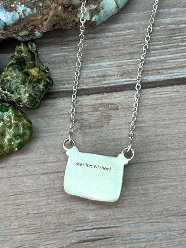Handmade Sterling Silver Royston Ribbon Turquoise Necklace with Signed Nizhoni