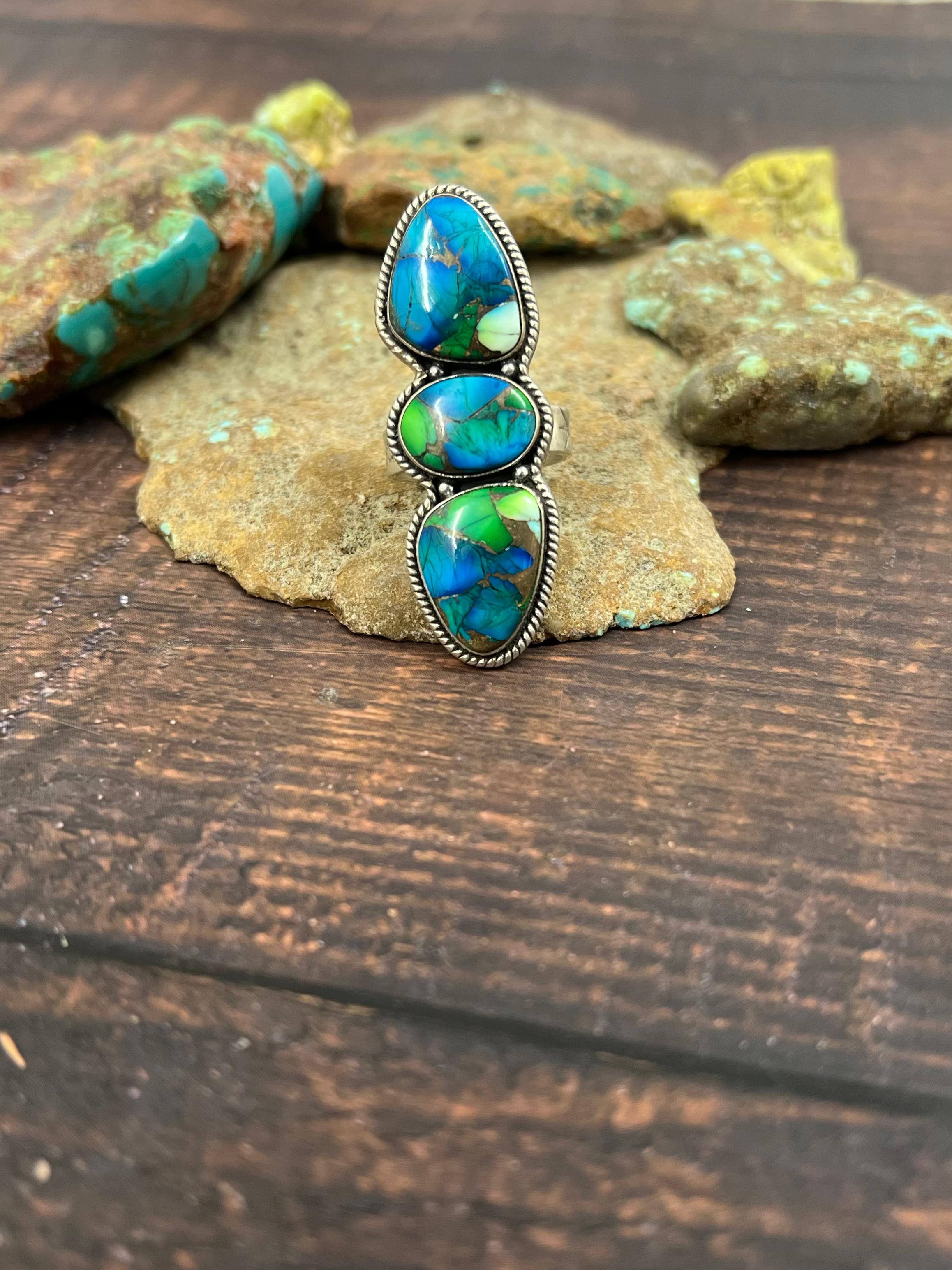 Handmade Sterling Silver Peacock Dahlia Adjustable Ring with Signed Nizhoni