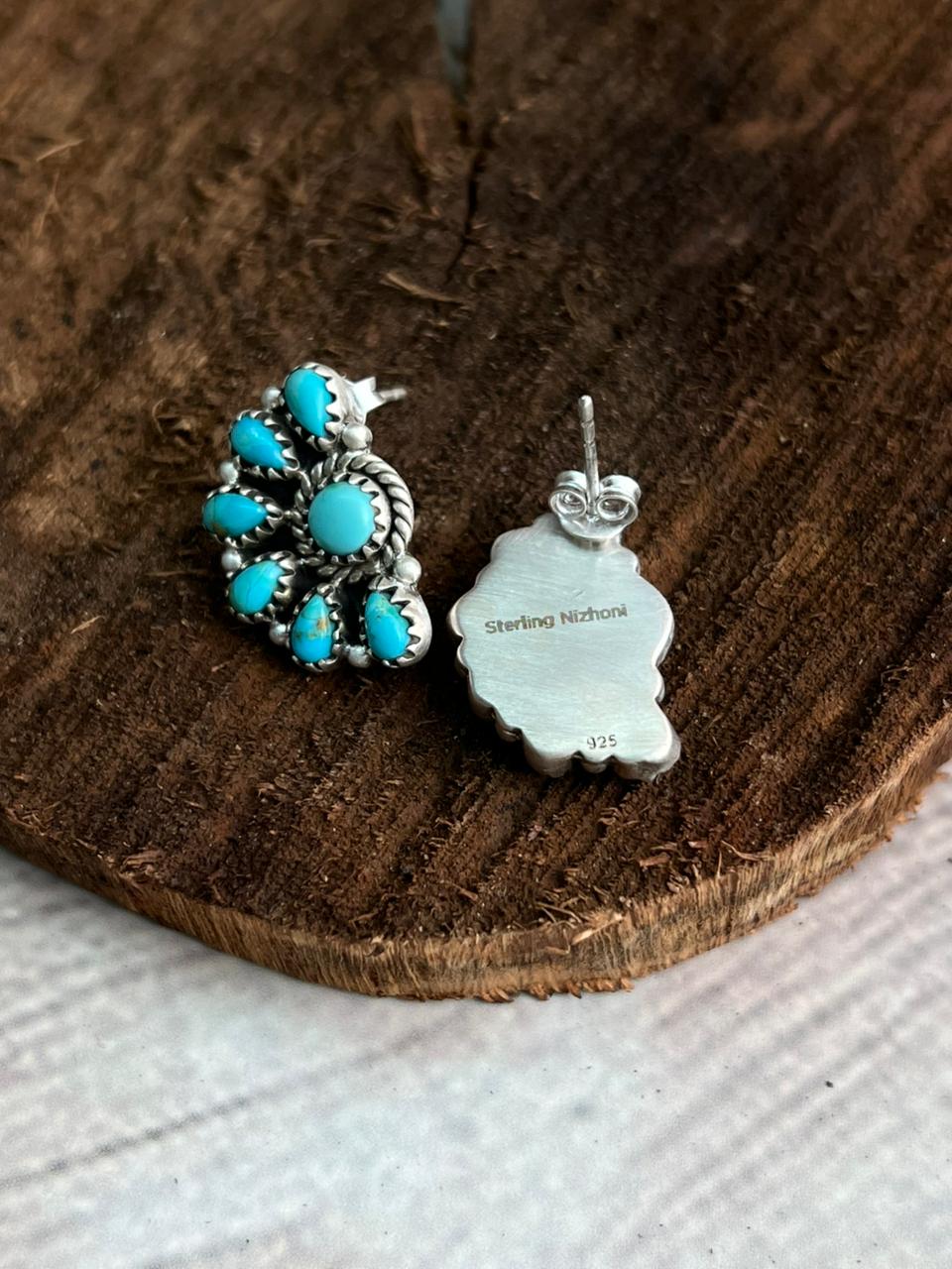 Handmade Sterling Silver Kingman Turquoise Post Studs Earrings "Signed Nizhoni"