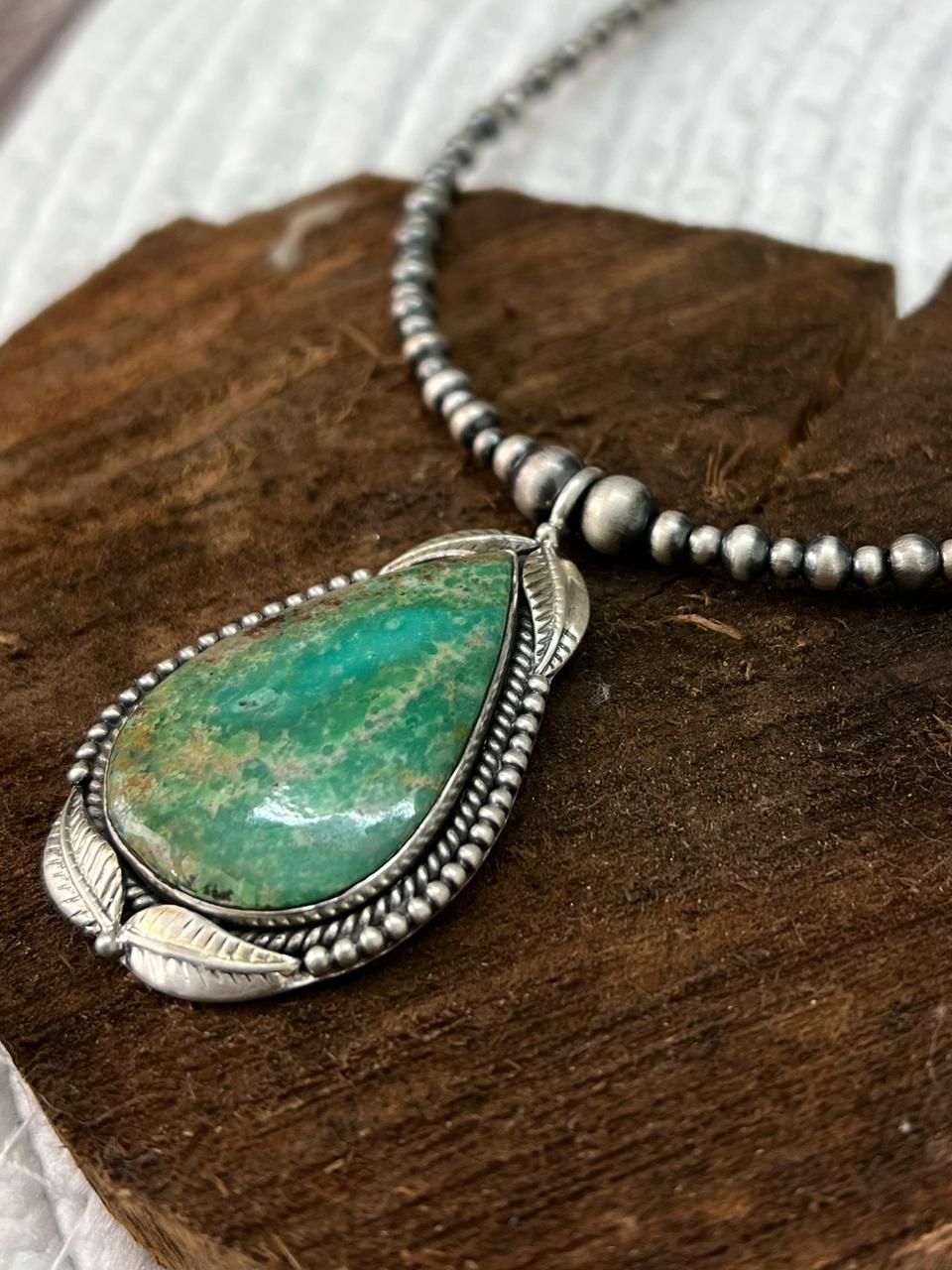 Handmade Sterling Silver Beaded Mantis Turquoise Necklace "Signed  Nizhoni"