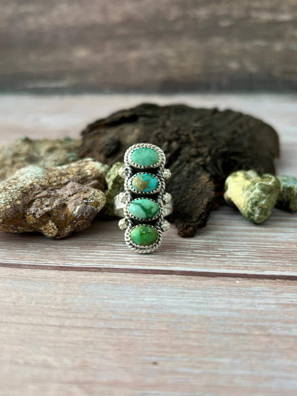 Handmade Sterling Silver Emerald Valley Turquoise Adjustable Ring With Signed Nizhoni