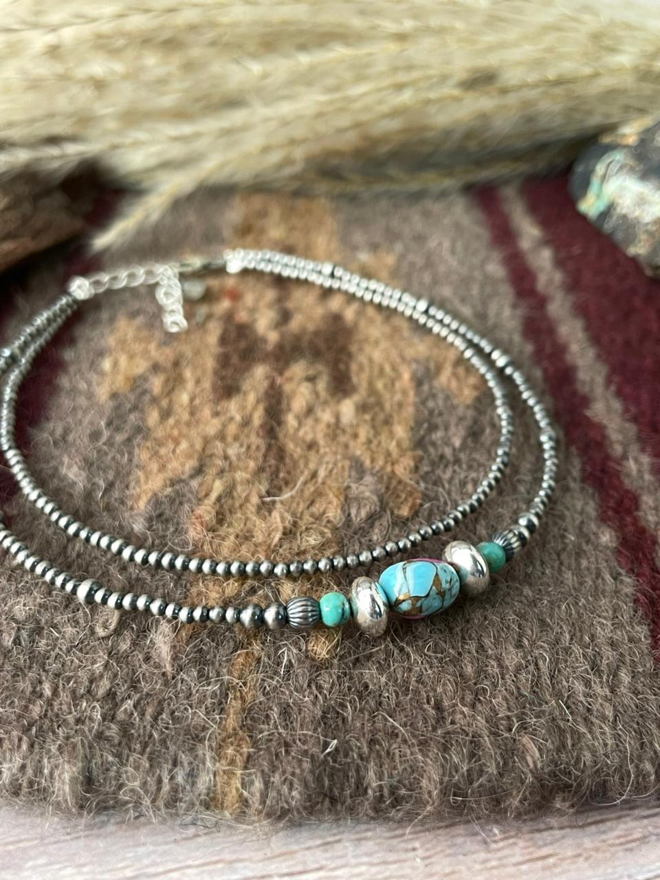 Handmade Sterling Silver Cotton Candy with Kingman Turquoise Double Strand Beaded Anklet "Signed Nizhoni"