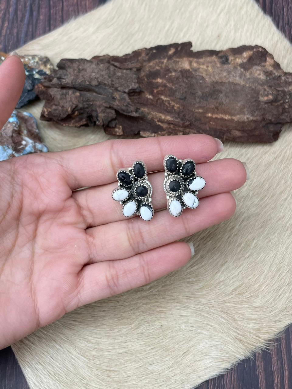 Handmade Sterling Silver White Buffalo Post Studs Earrings "Signed Nizhoni" (7)