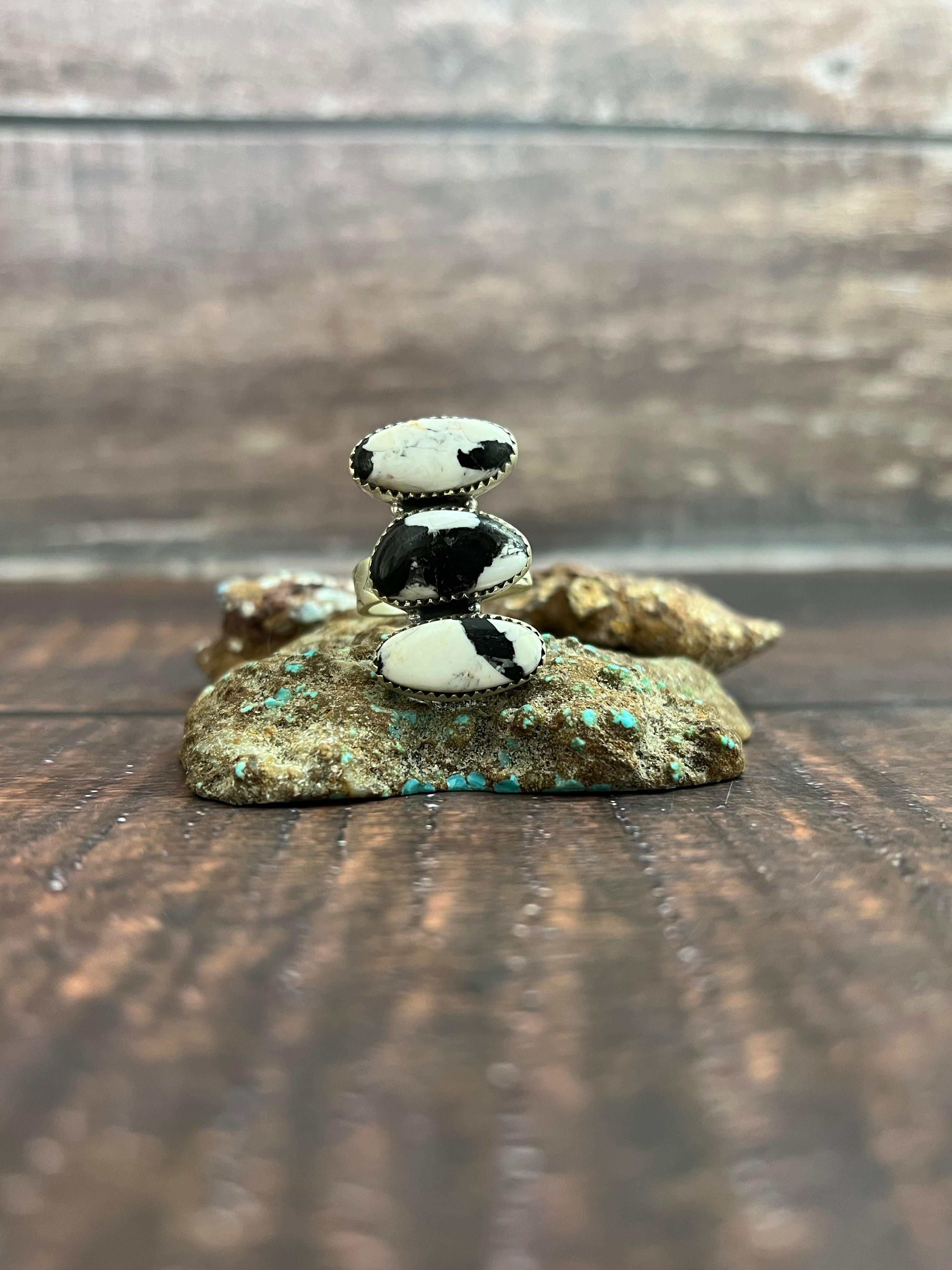 Handmade Sterling Silver White Buffalo Adjustable Ring, Signed Nizhoni