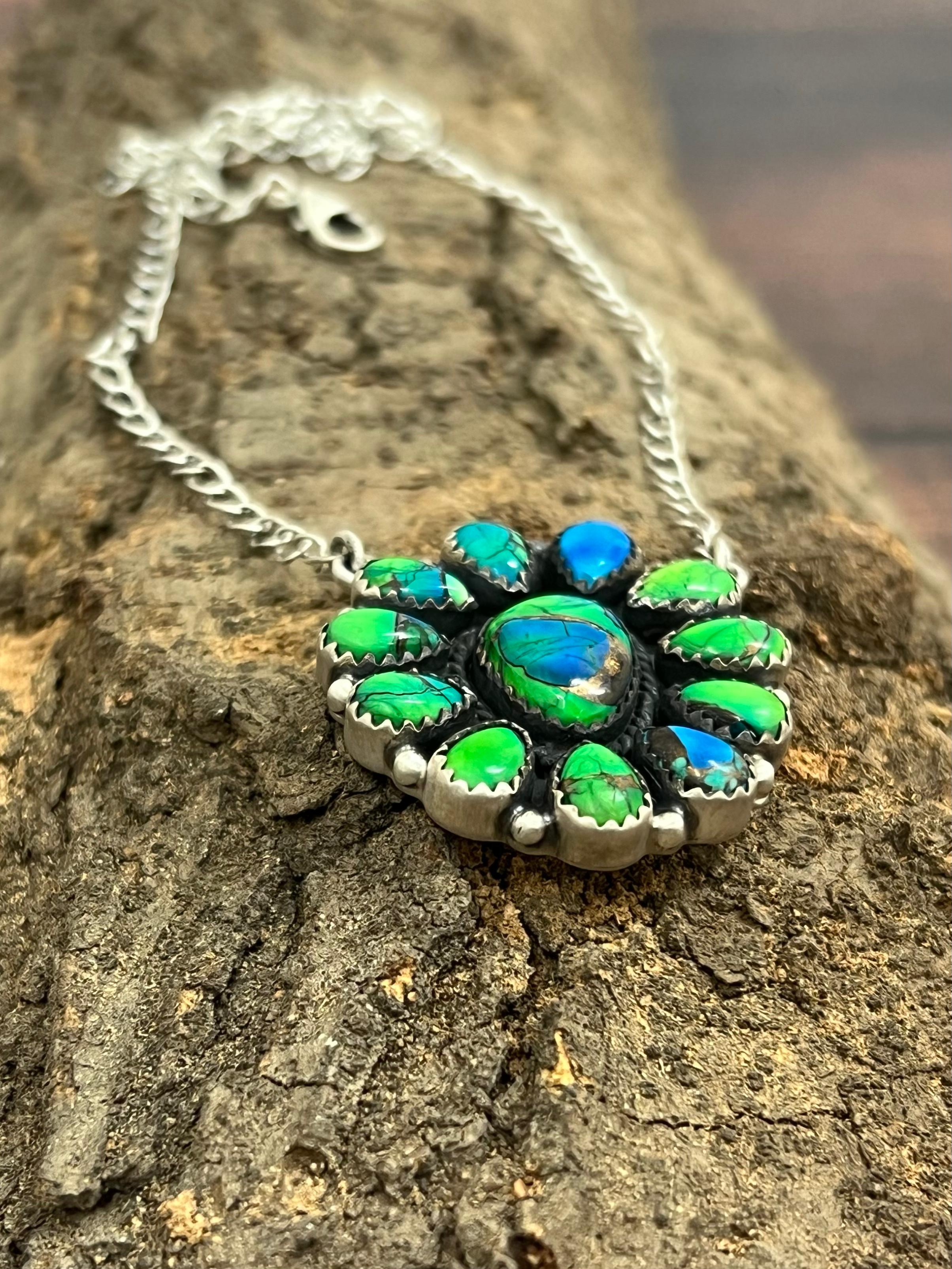 Handmade Sterling Silver Peacock Dahlia Necklace with Signed Nizhoni