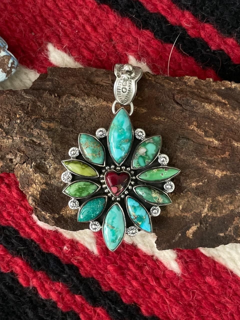 Handmade Sterling Silver Dahlia Rose with Emerald Valley Turquoise Pendant "Signed Nizhoni"