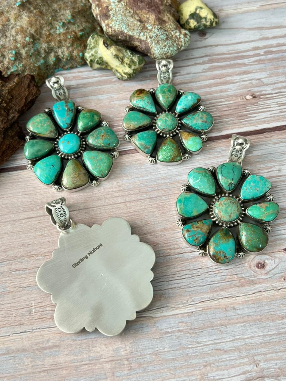 Handmade Sterling Silver Mantis Turquoise Pendant with Signed Nizhoni