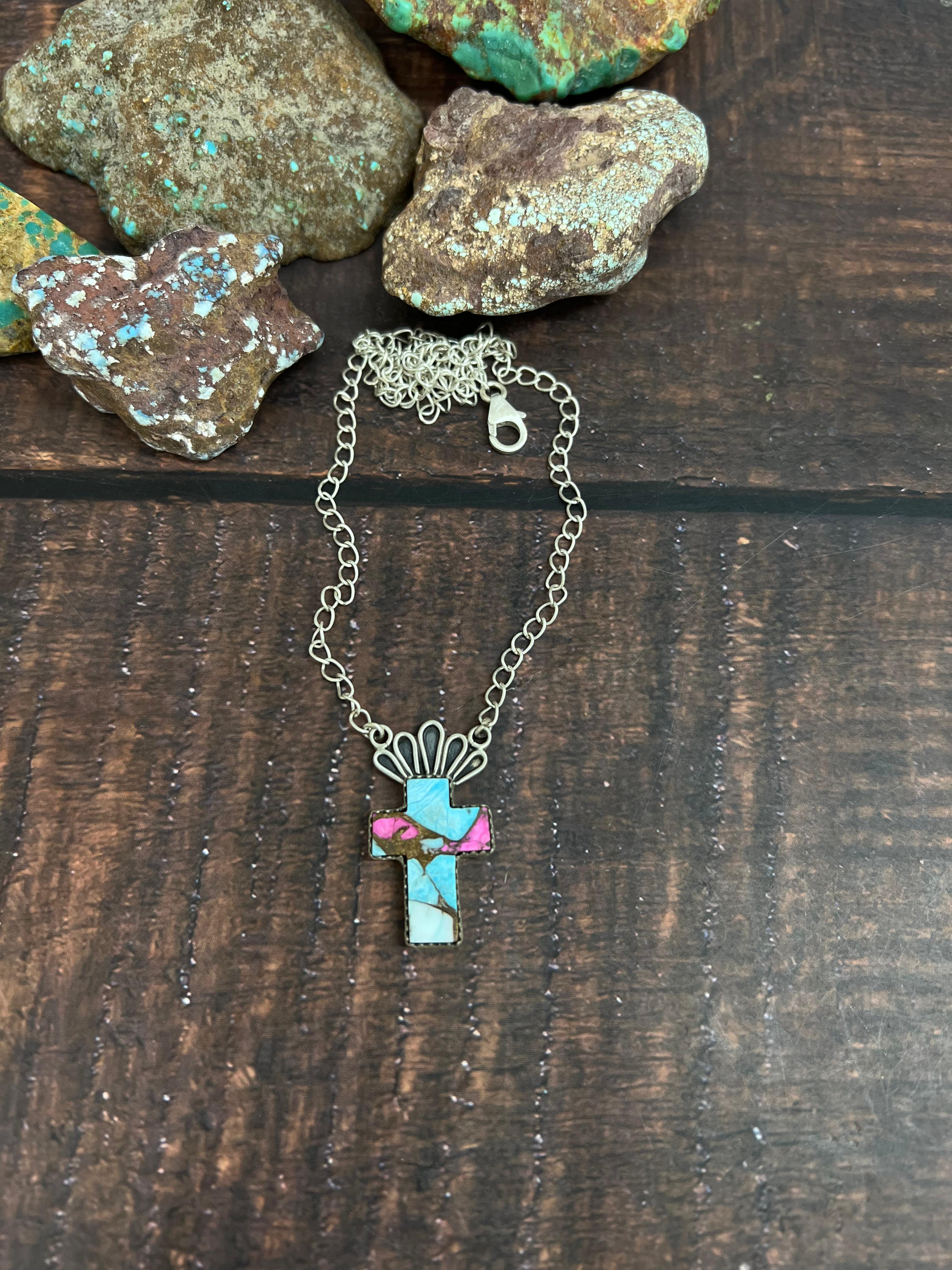 Handmade Sterling Silver Cotton Candy Cross Necklace Signed Nizhoni