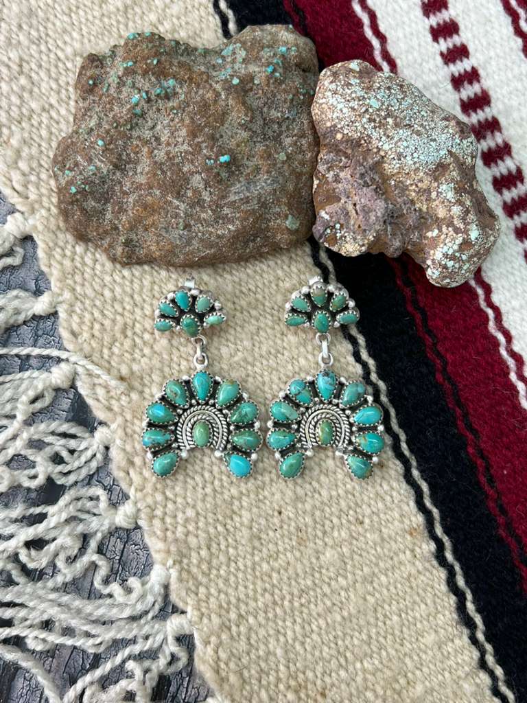 Handmade Sterling Silver Kingman Turquoise Post Dangle Earrings "Signed Nizhoni"