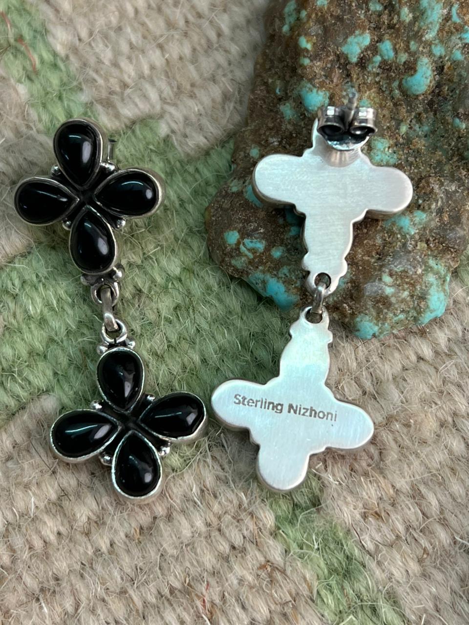 Handmade Sterling Silver Black Onyx Post Dangle Earrings "Signed Nizhoni"