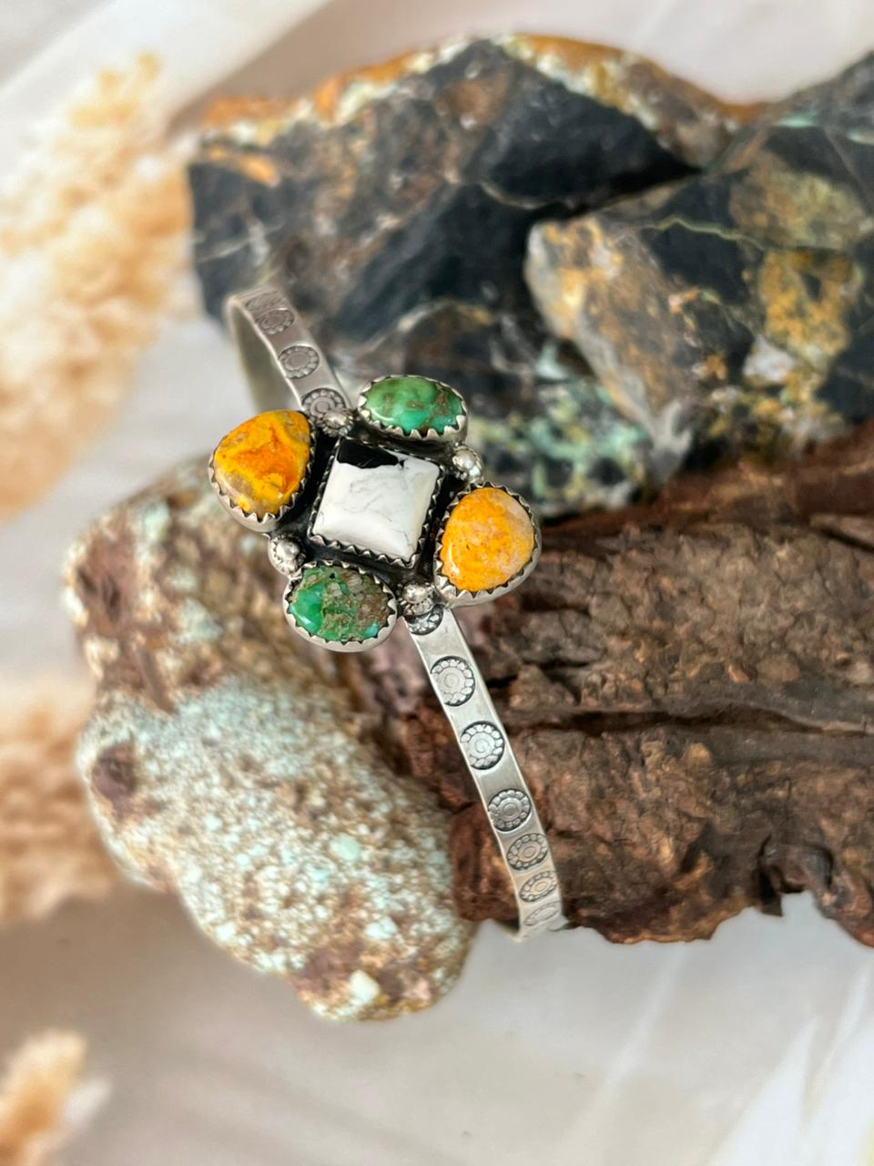 Handmade Sterling Silver Spring Collection: Bumblebee with Sonoran and White Buffalo Bracelet "Signed Nizhoni"