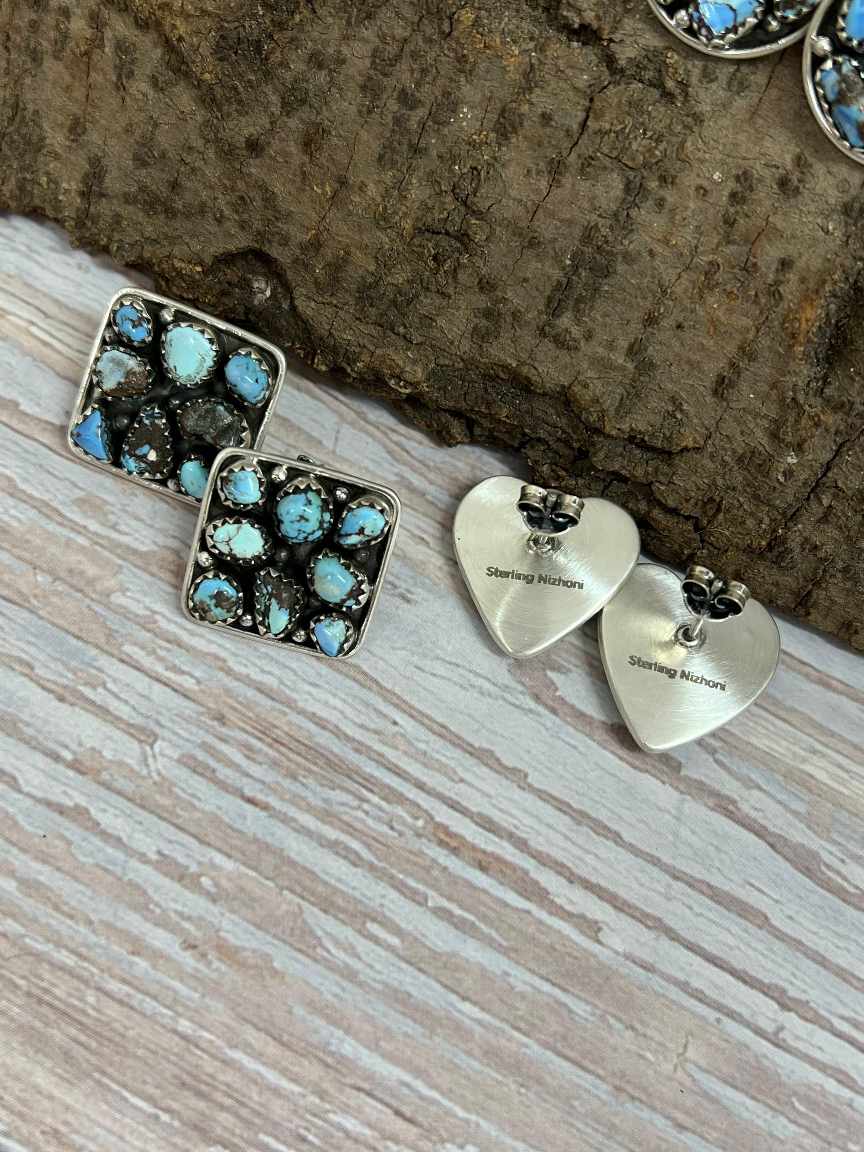 Handmade Sterling Silver Golden Hill Turquoise Post Earrings with Signed Nizhoni