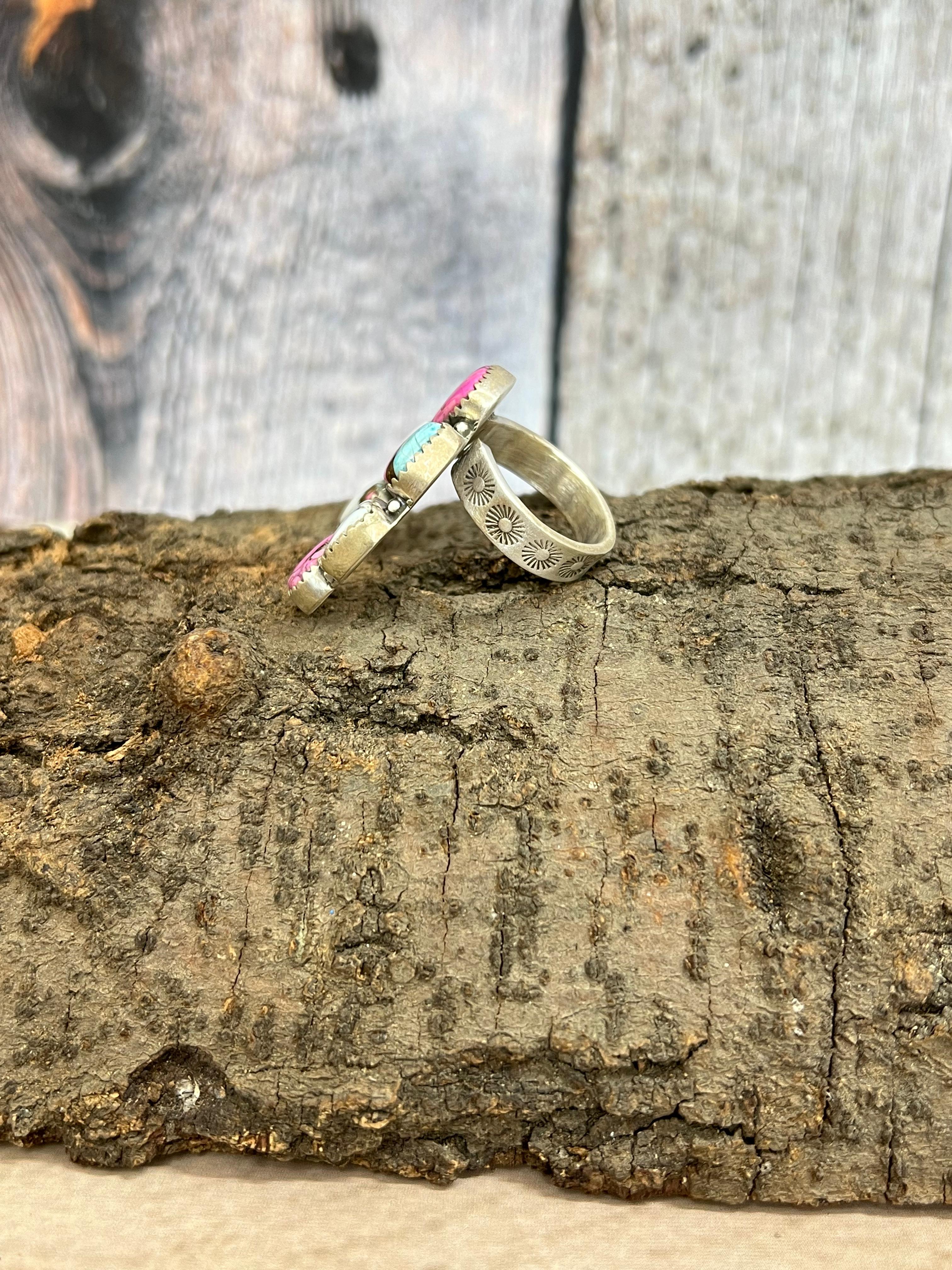 Handmade Sterling Silver Cotton Candy Turquoise Adjustable Rings with Signed Nizhoni