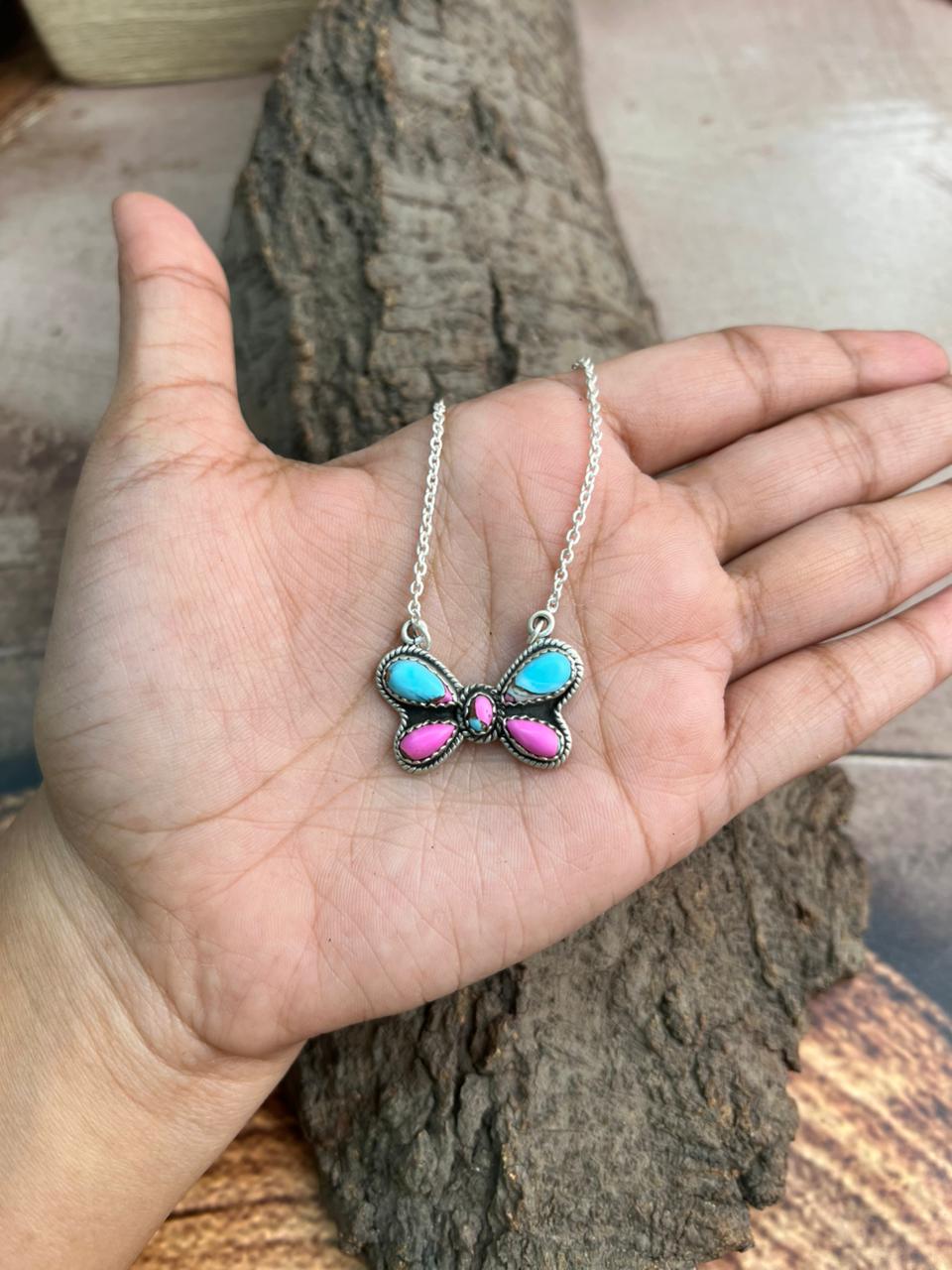 Handmade Sterling Silver Cotton Candy Butterfly Necklace "Signed Nizhoni"