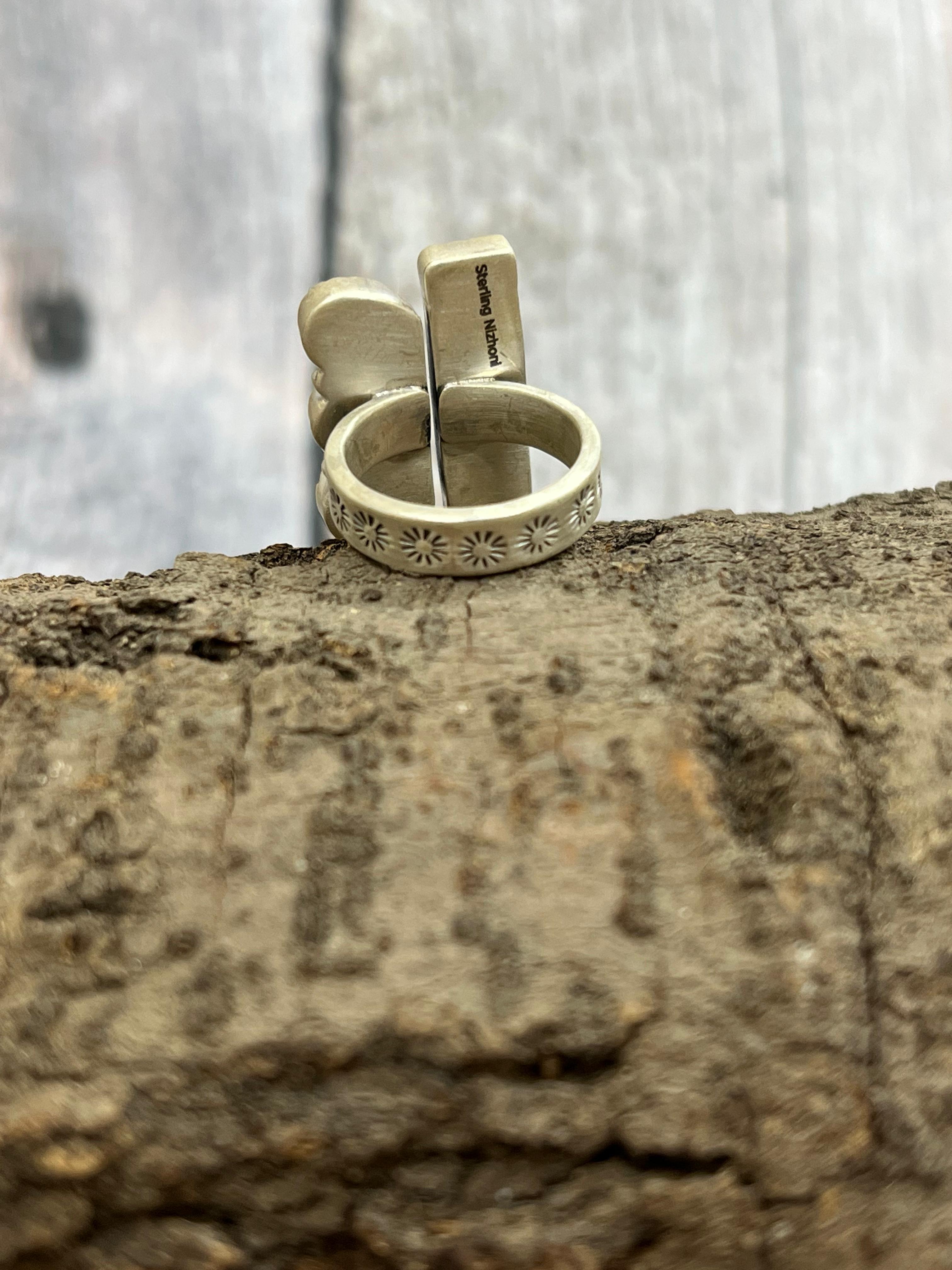 Handmade Sterling Silver Cotton Candy Turquoise Adjustable Rings with Signed Nizhoni