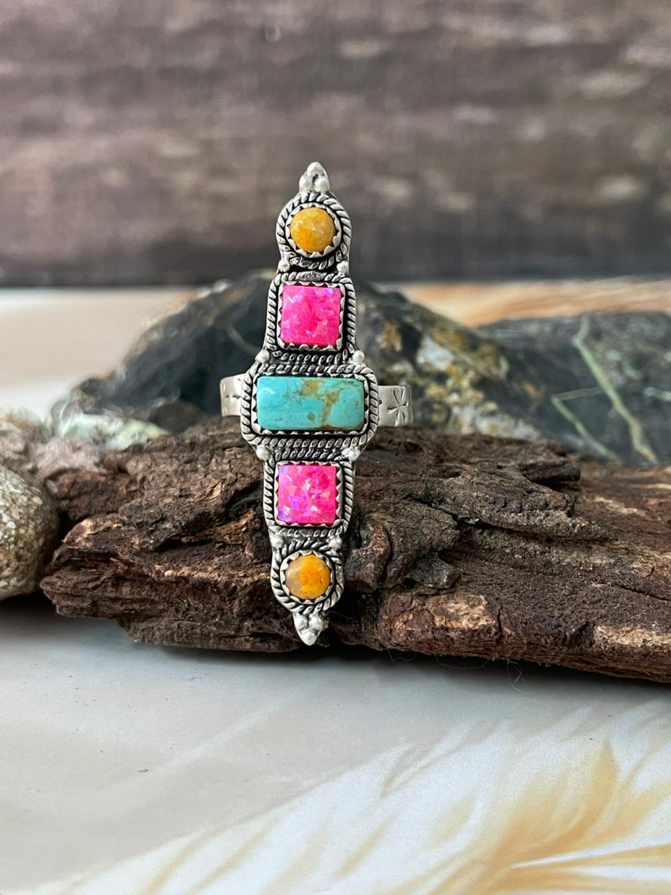 Handmade Sterling Silver Spring Collection: Bumblebee with Hot Pink and Kingman Adjustable Ring "Signed Nizhoni"