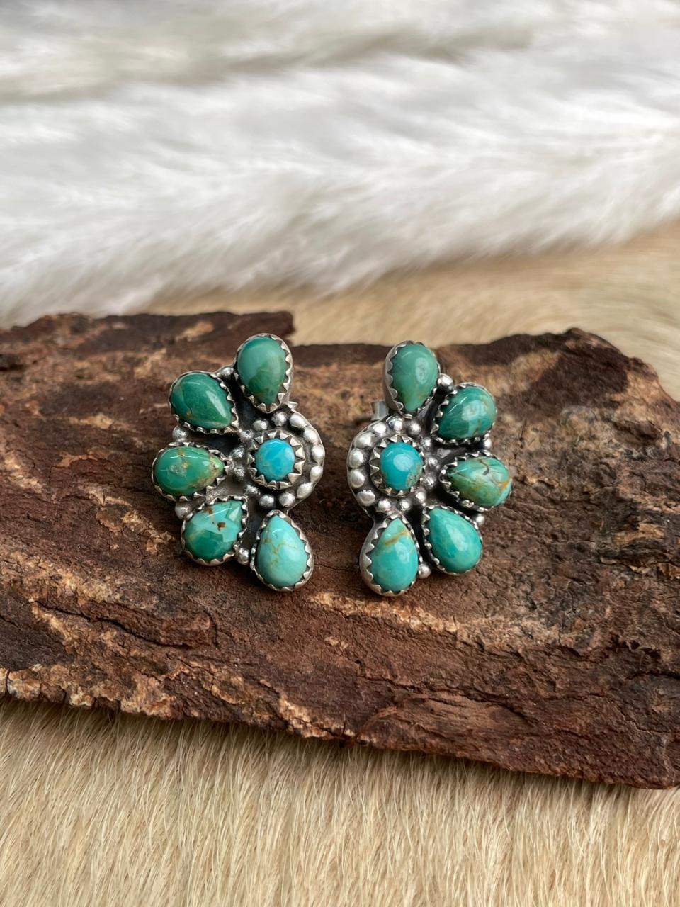 Handmade Sterling Silver Kingman Turquoise Post Studs Earrings "Signed Nizhoni"