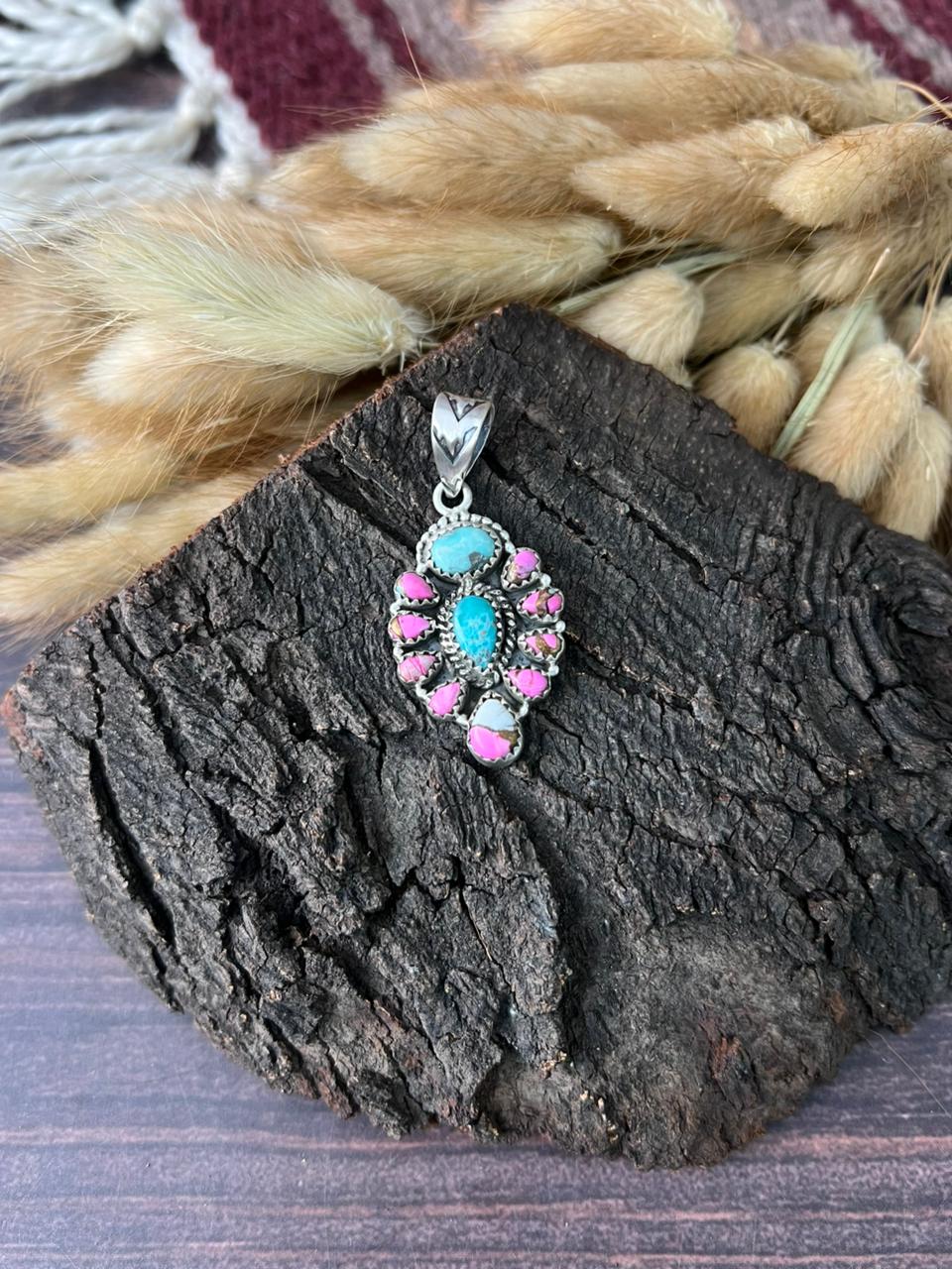 Handmade Sterling Silver White Water Turquoise with Cotton Candy Pendant "Signed Nizhoni"