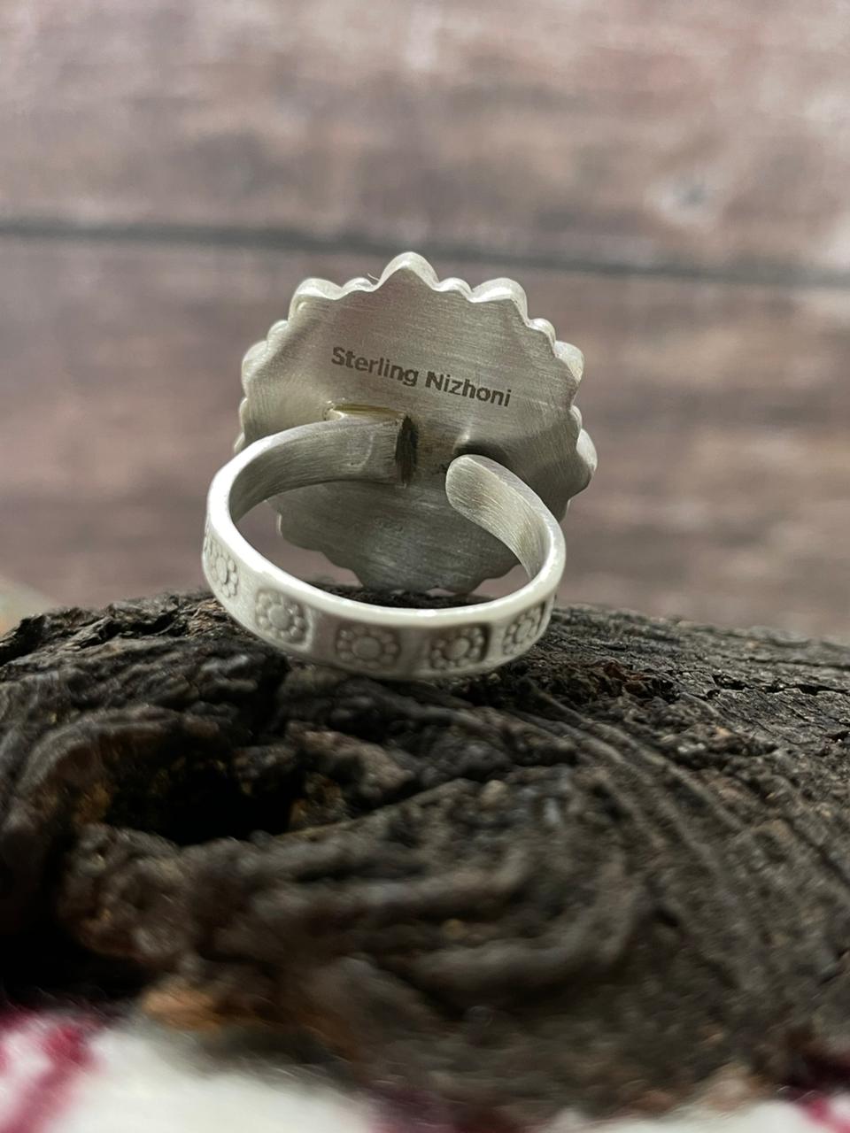 "Christmas Collection" Handmade Sterling Silver White Buffalo with Red Opal Adjustable Ring "Signed Nizhoni"