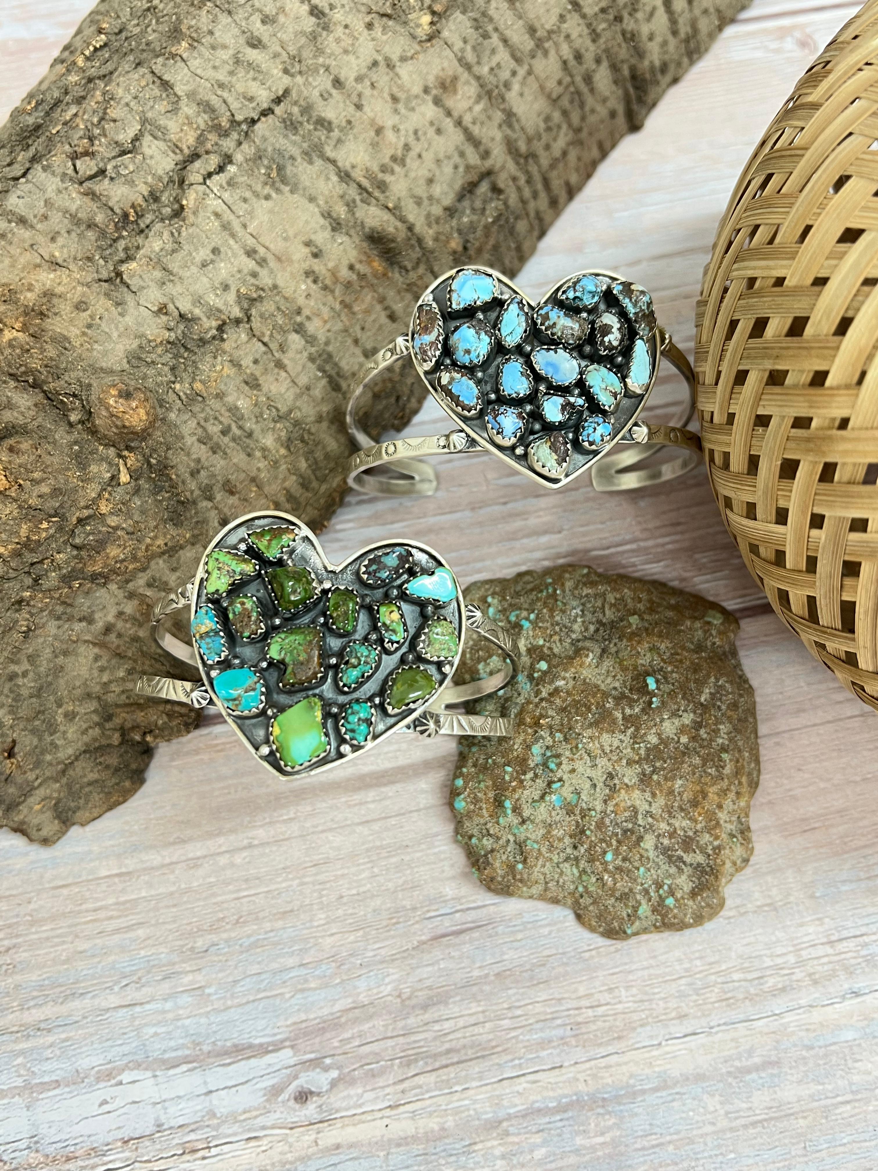 Handmade Sterling Silver Golden Hill, Sonoran Mountain Turquoise Heart Bracelet with Signed Nizhoni /