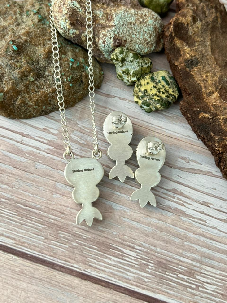 Handmade Sterling Silver Wild Horse Magnesite With Kingman Turquoise Necklace Earrings Set with Signed Nizhoni (6)