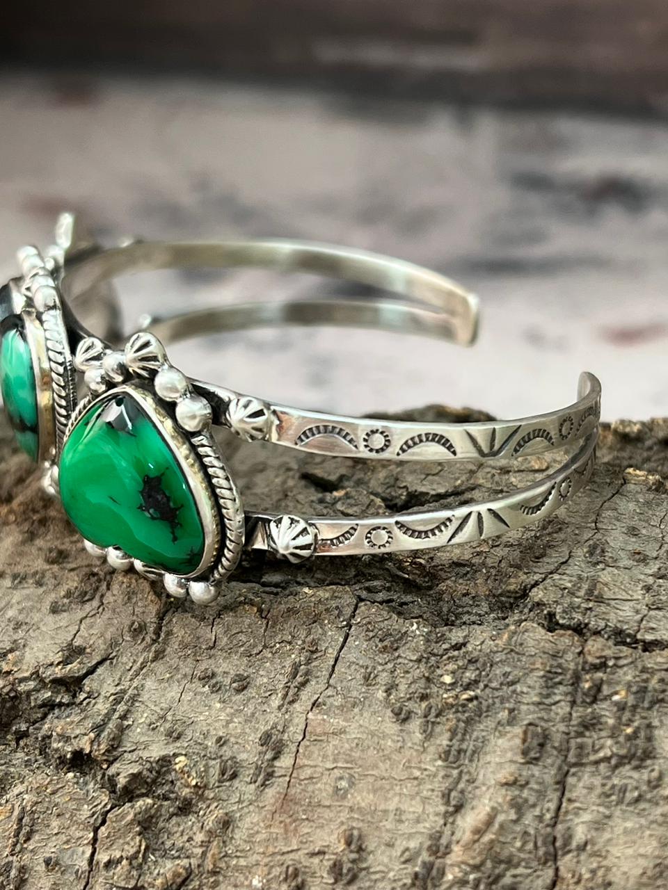 Handmade Sterling Silver Emerald Rose Cuff Bracelet "Signed Nizhoni"