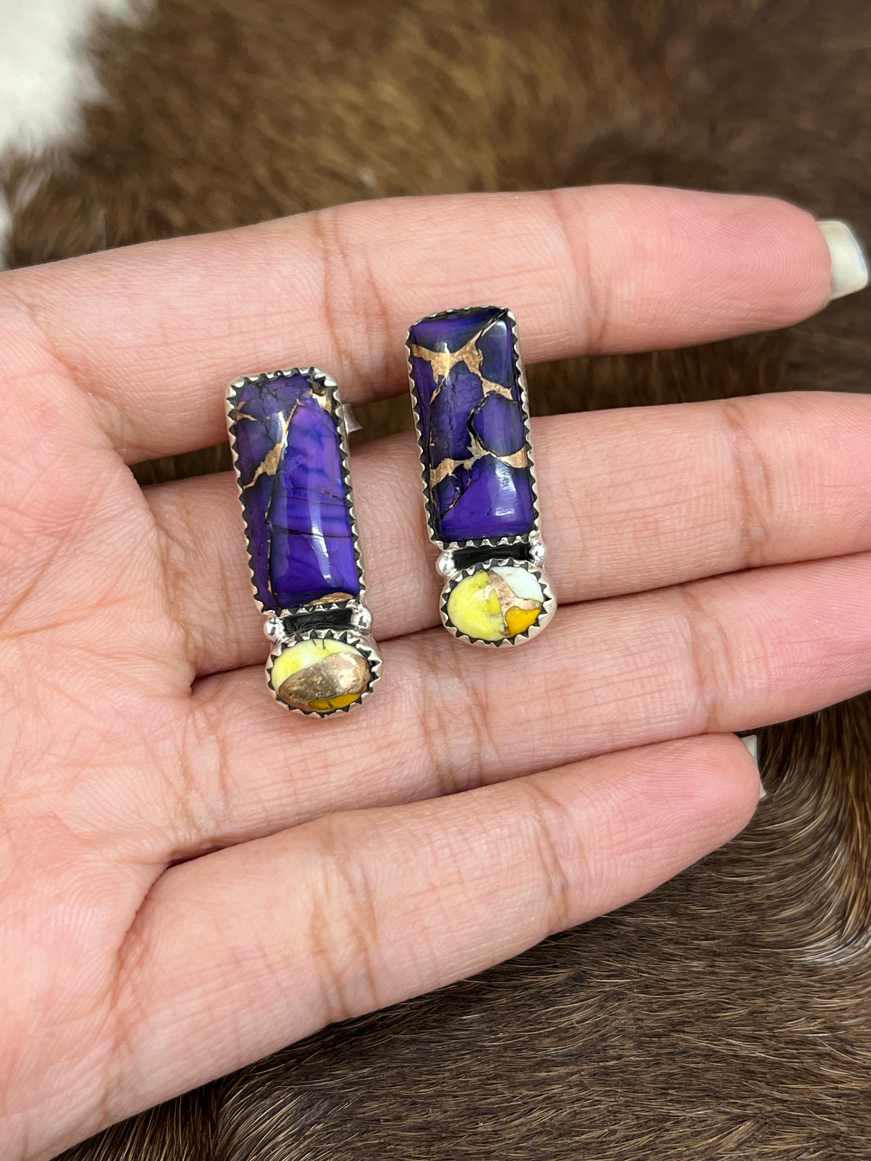 Handmade Sterling Silver Grape Dahlia With Honey Dahlia Post Studs with Signed Nizhoni