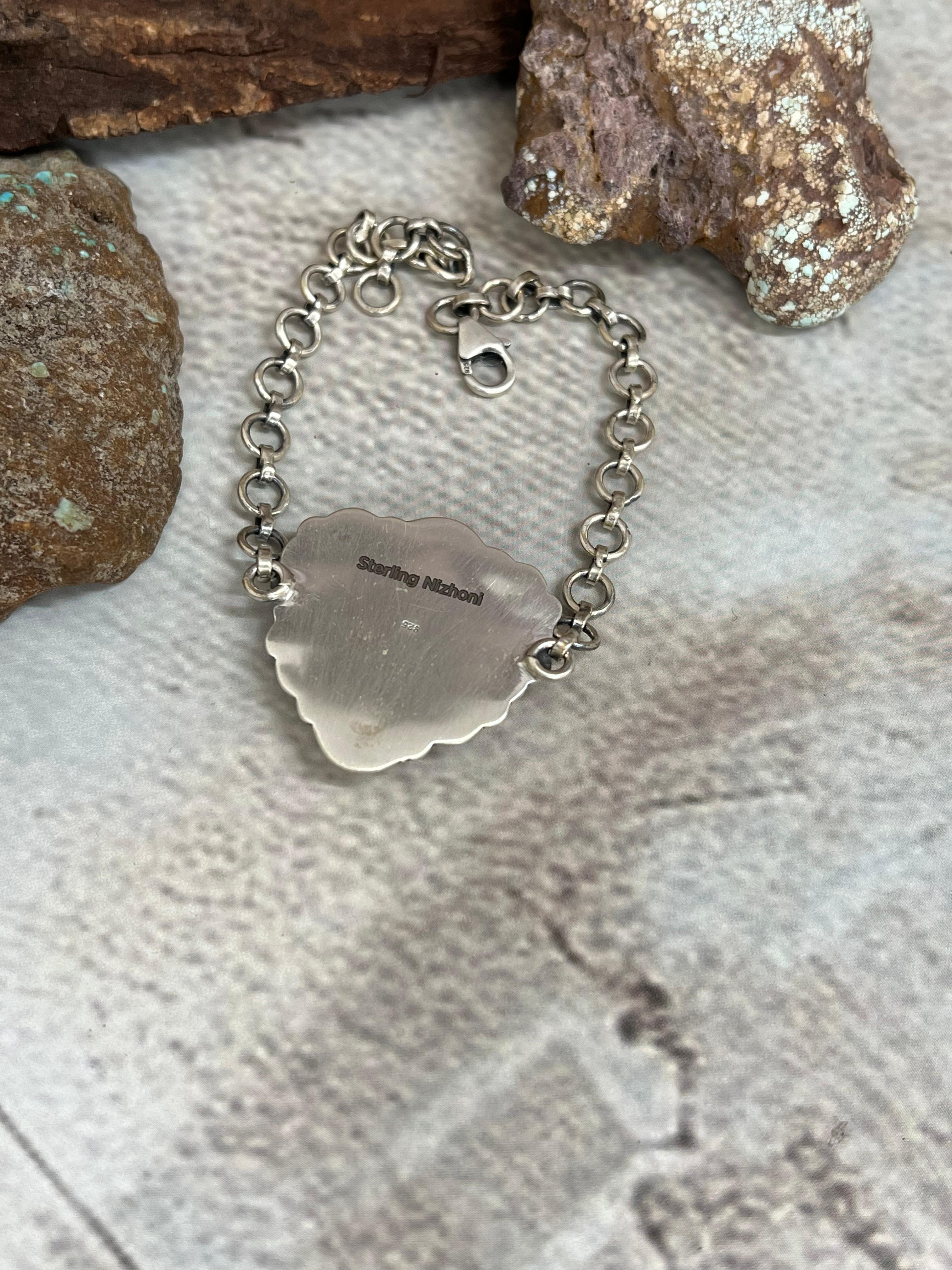 Handmade Sterling Silver Blackjack Turquoise Chain Bracelet Signed Nizhoni