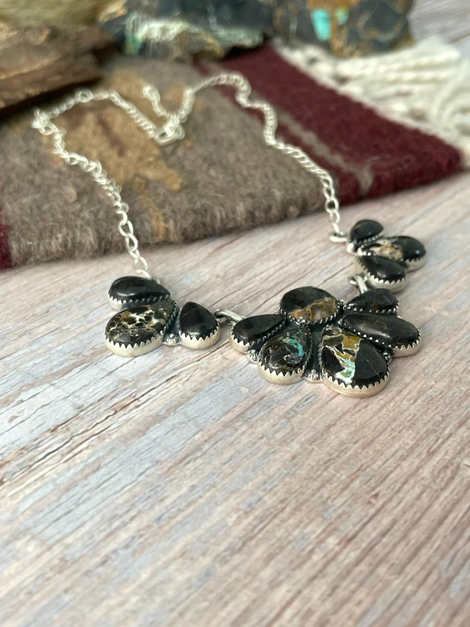 Handmade Sterling Silver Blackjack Turquoise Necklace "Signed Nizhoni"