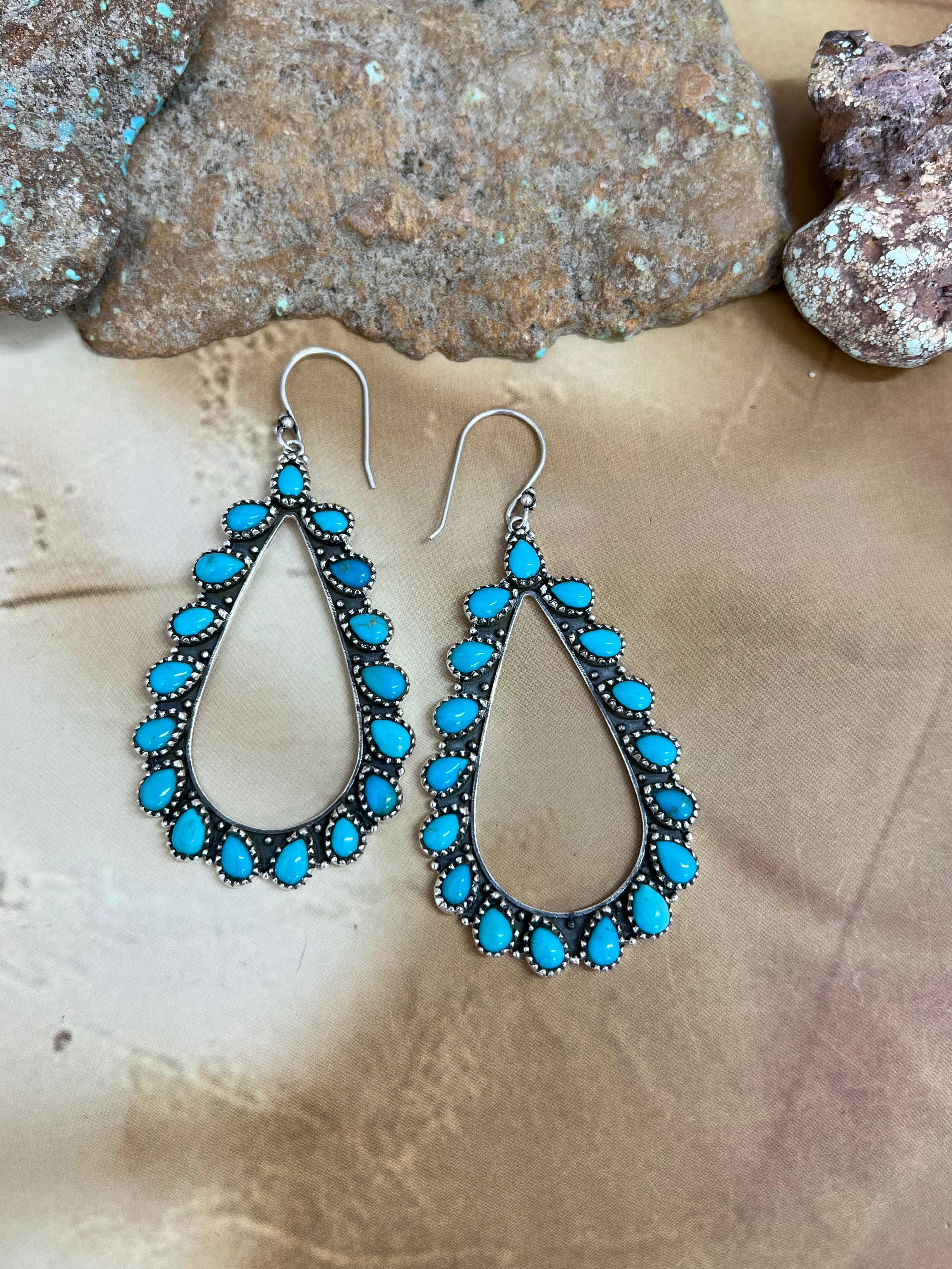 Handmade Sterling Silver Kingman Turquoise Hoop Post Earrings with Signed Nizhoni