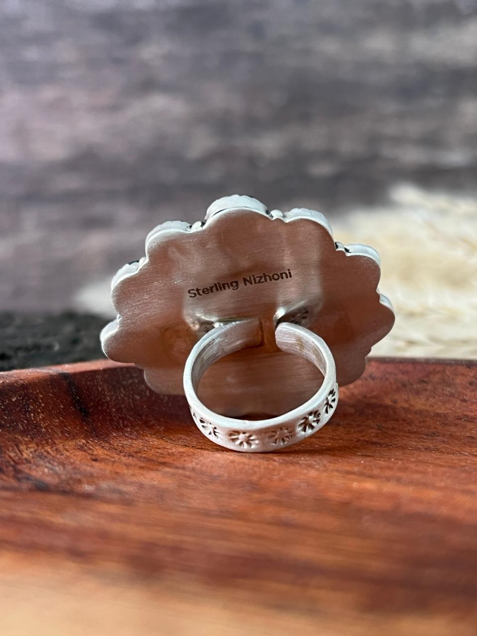 Handmade Sterling Silver Blackjack Turquoise Adjustable Ring "Signed Nizhoni"