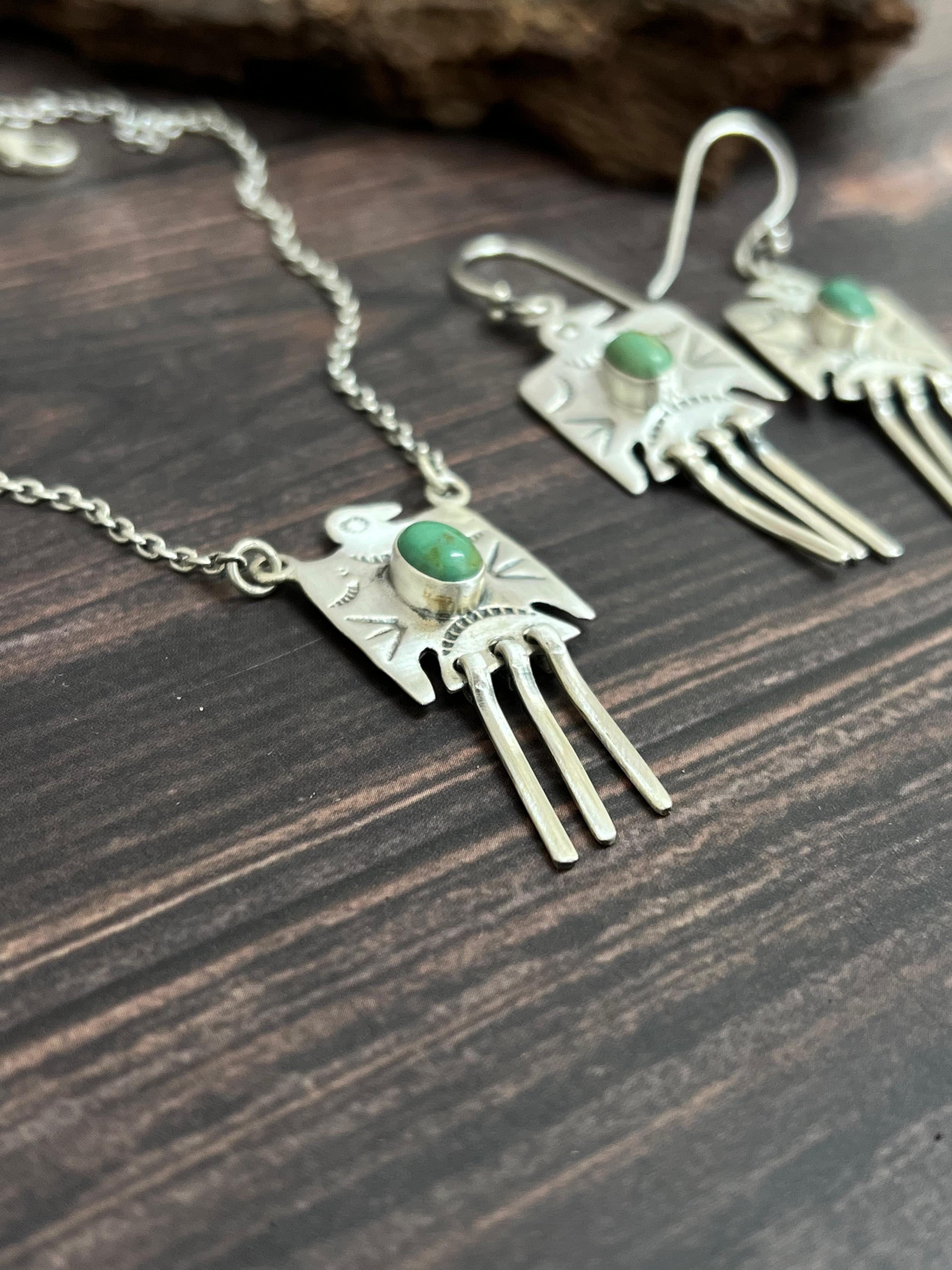 Handmade Sterling Silver Kingman Turquoise Necklace Earrings Set with Signed Nizhoni