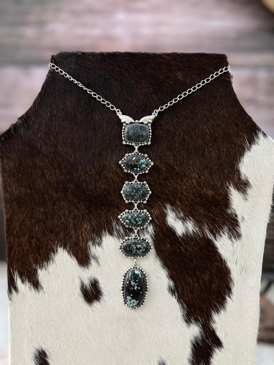 Handmade Sterling Silver Lander Turquoise Necklace with Signed Nizhoni