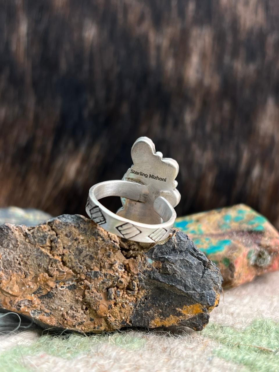 Handmade Sterling Silver Emerald Valley with Santa Maria Turquoise Adjustable Ring "Signed Nizhoni"