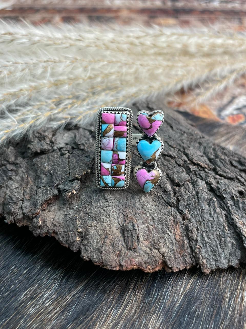 Handmade Sterling Silver 'Cotton Candy Cobble Collection' Adjustable Ring "Signed Nizhoni"