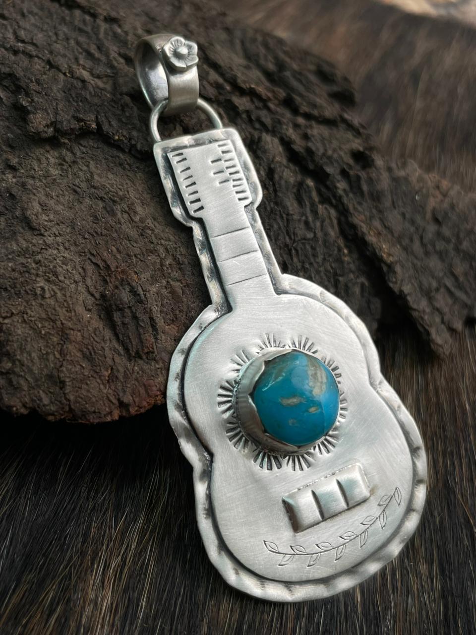 Handmade Sterling Silver Kingman Turquoise Guitar Pendant "Signed Nizhoni"