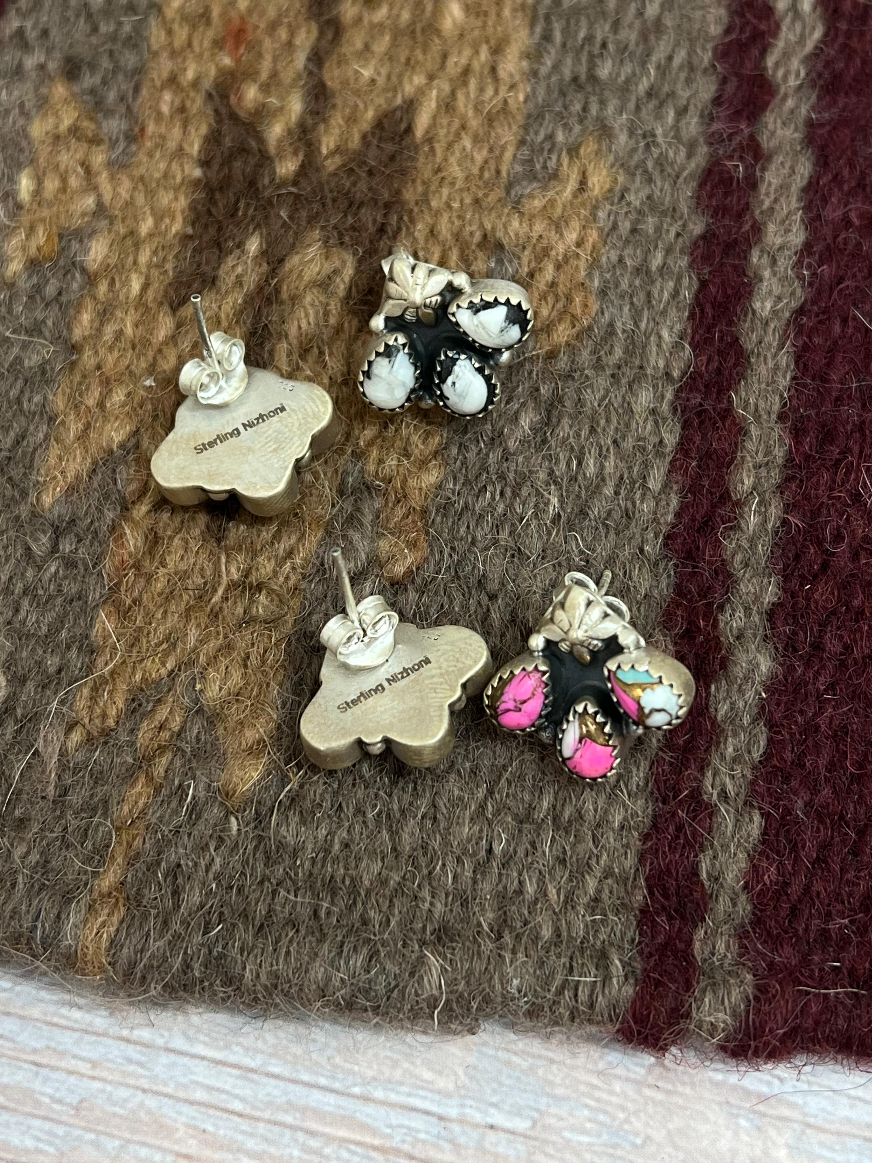 Handmade Sterling Silver Cotton Candy, Wild Horse Post Earrings with Signed Nizhoni