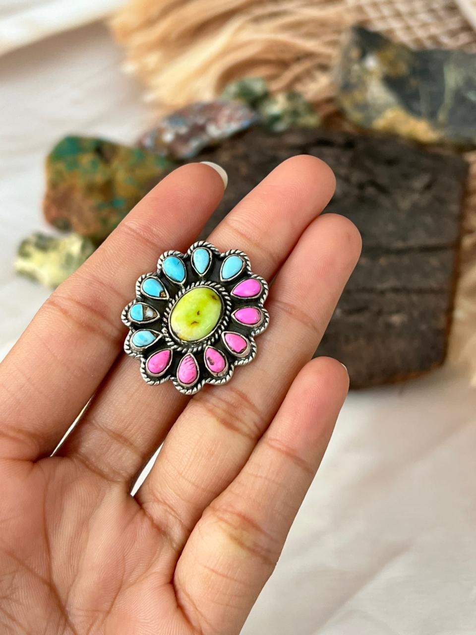 Handmade Sterling Silver Cotton Candy with Palomino Adjustable Ring "Signed Nizhoni"