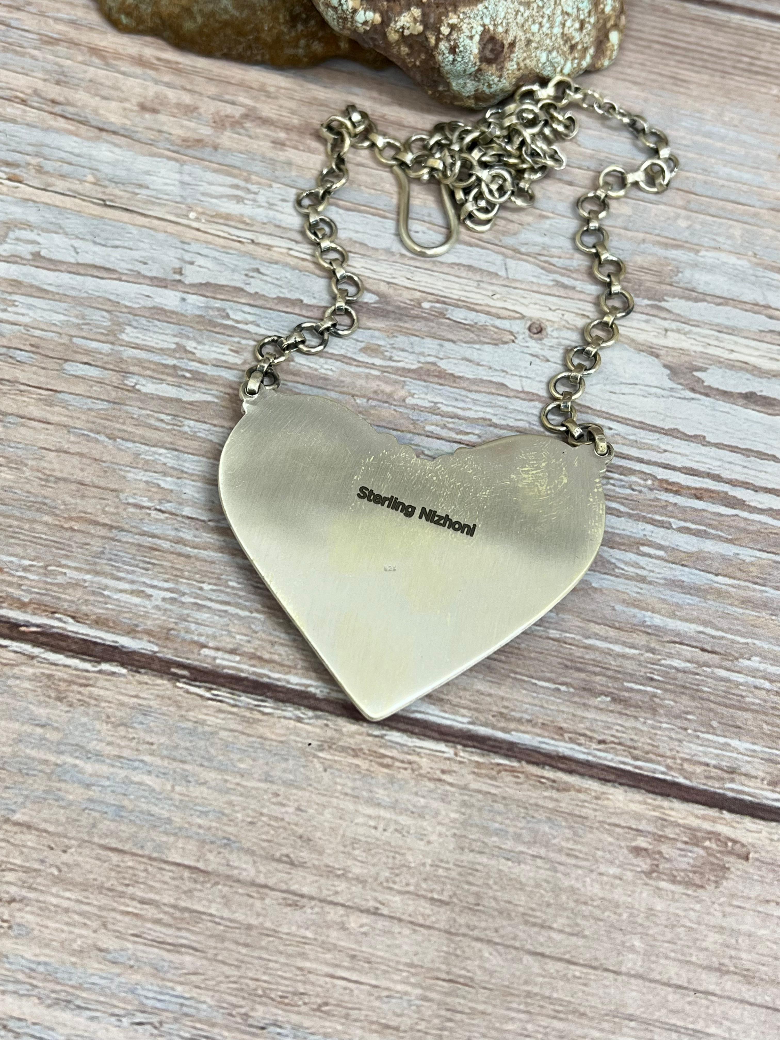 Handmade Sterling Silver Blackjack Turquoise Heart Necklace with Signed Nizhoni
