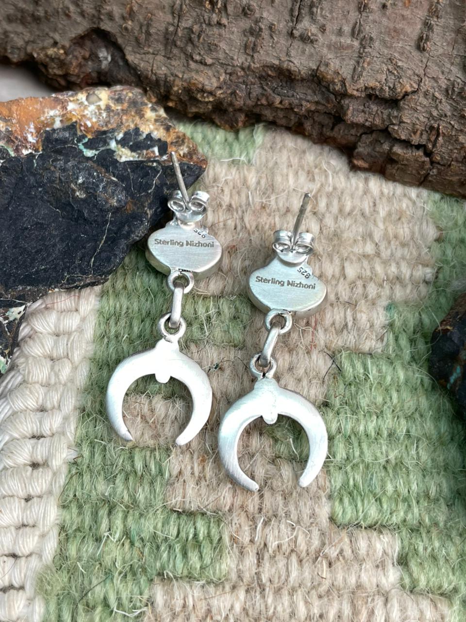 Handmade Sterling Silver Kingman Turquoise Post Dangle Earrings "Signed Nizhoni"