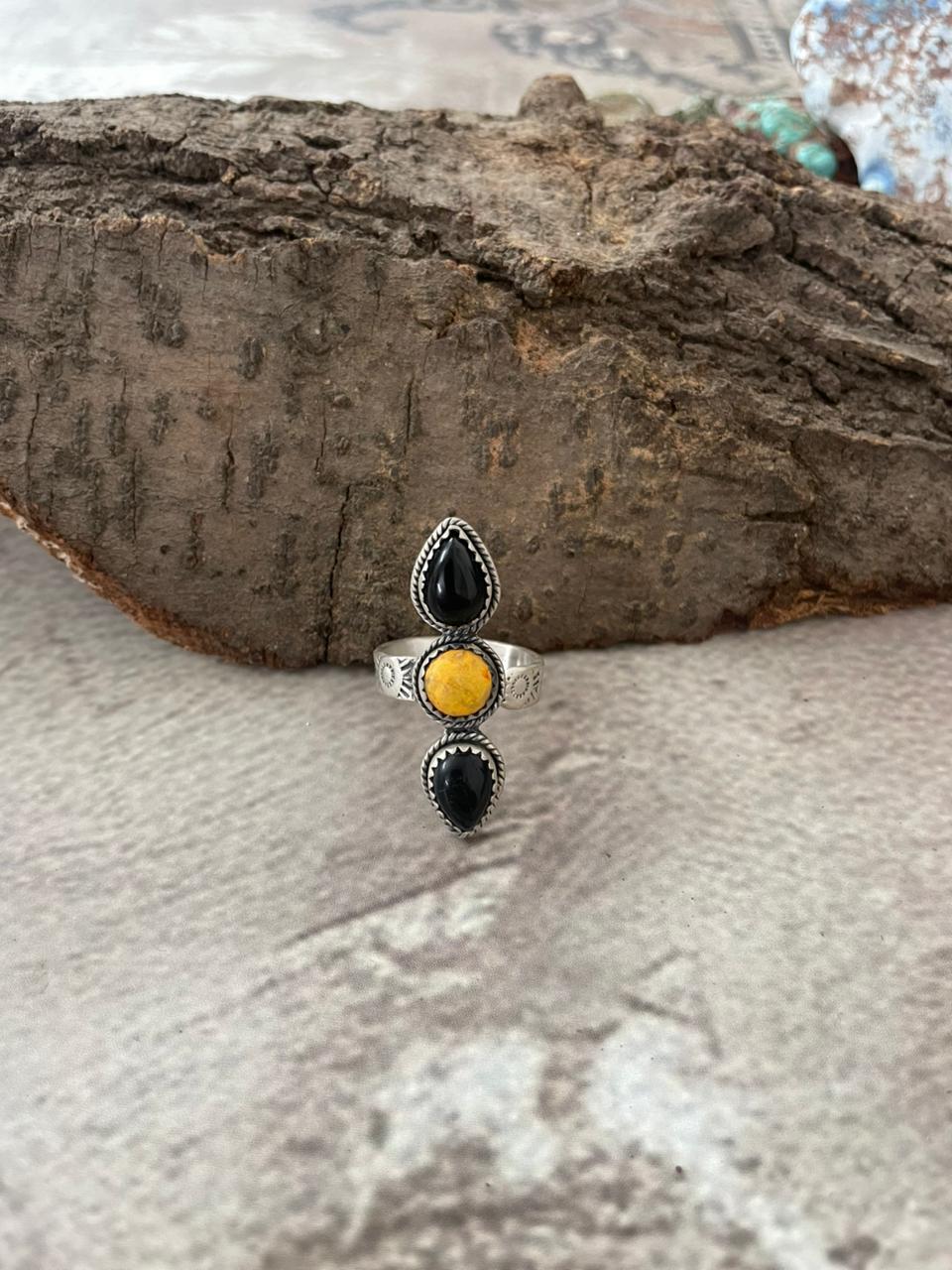 "Halloween Collection" Handmade Sterling Silver Black Onyx, Bumblebee Adjustable Ring with Signed Nizhoni