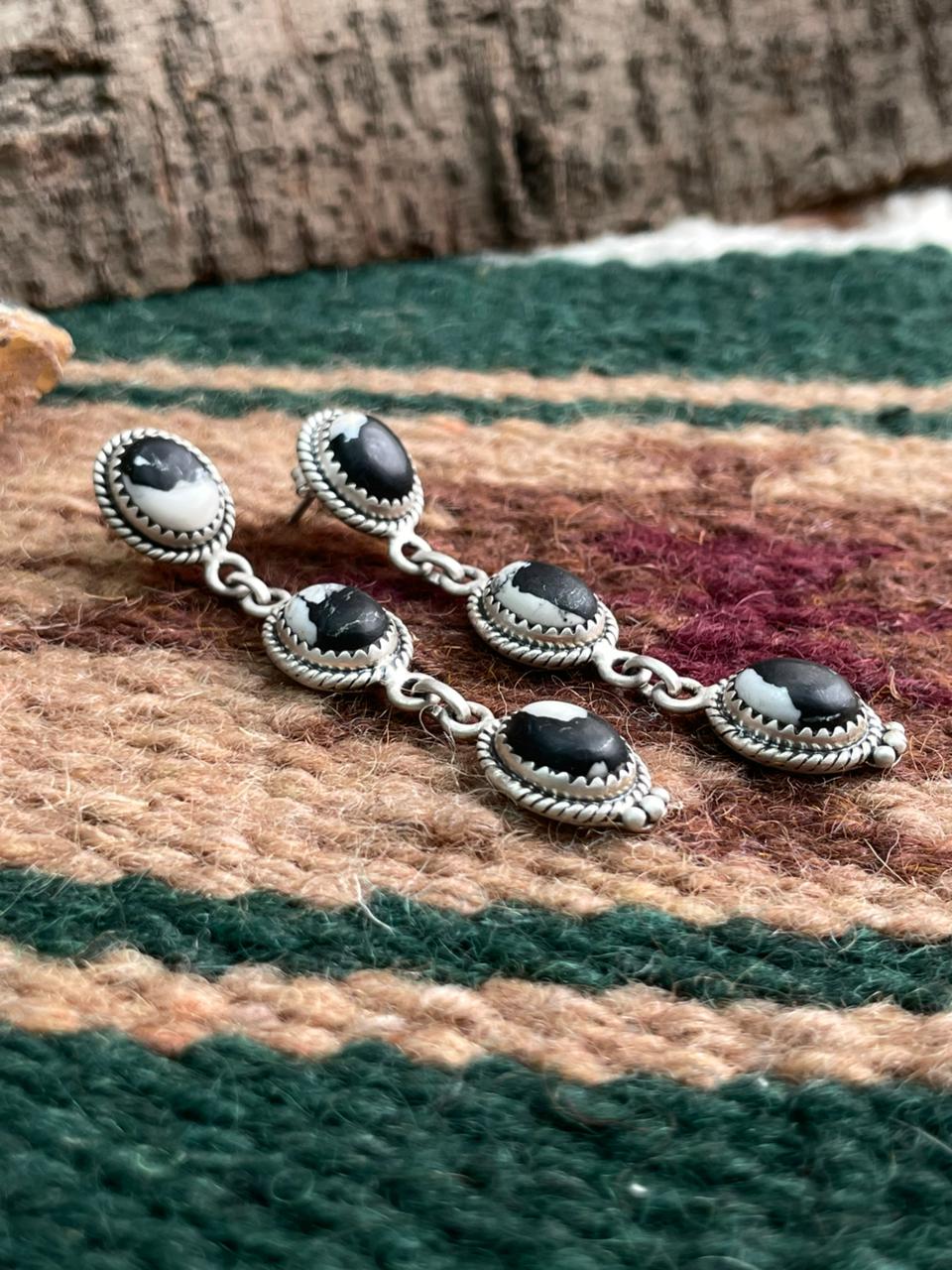 Handmade Sterling Silver White Buffalo Post Dangle Earrings "Signed Nizhoni"