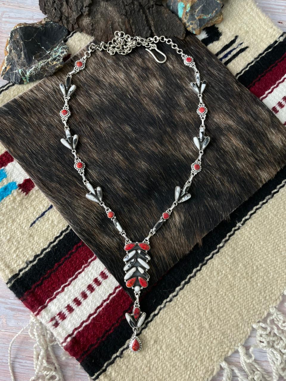 Handmade Sterling Silver White Buffalo with Red Opal Necklace "Signed Nizhoni"