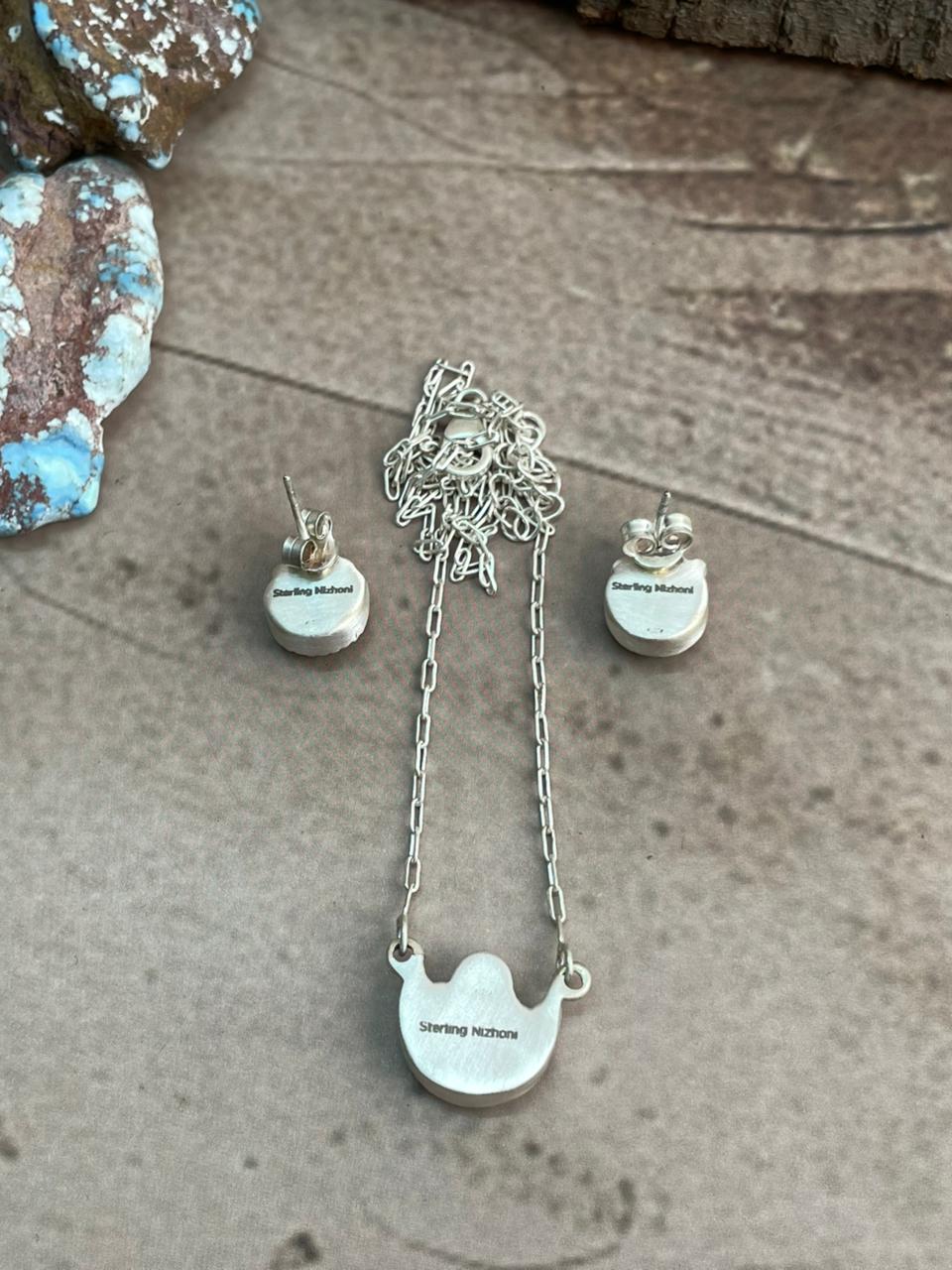 Handmade Sterling Silver Wildhorse Magnesite With Kingman Turquoise Moon Shape Necklace Earrings Set with Signed Nizhoni