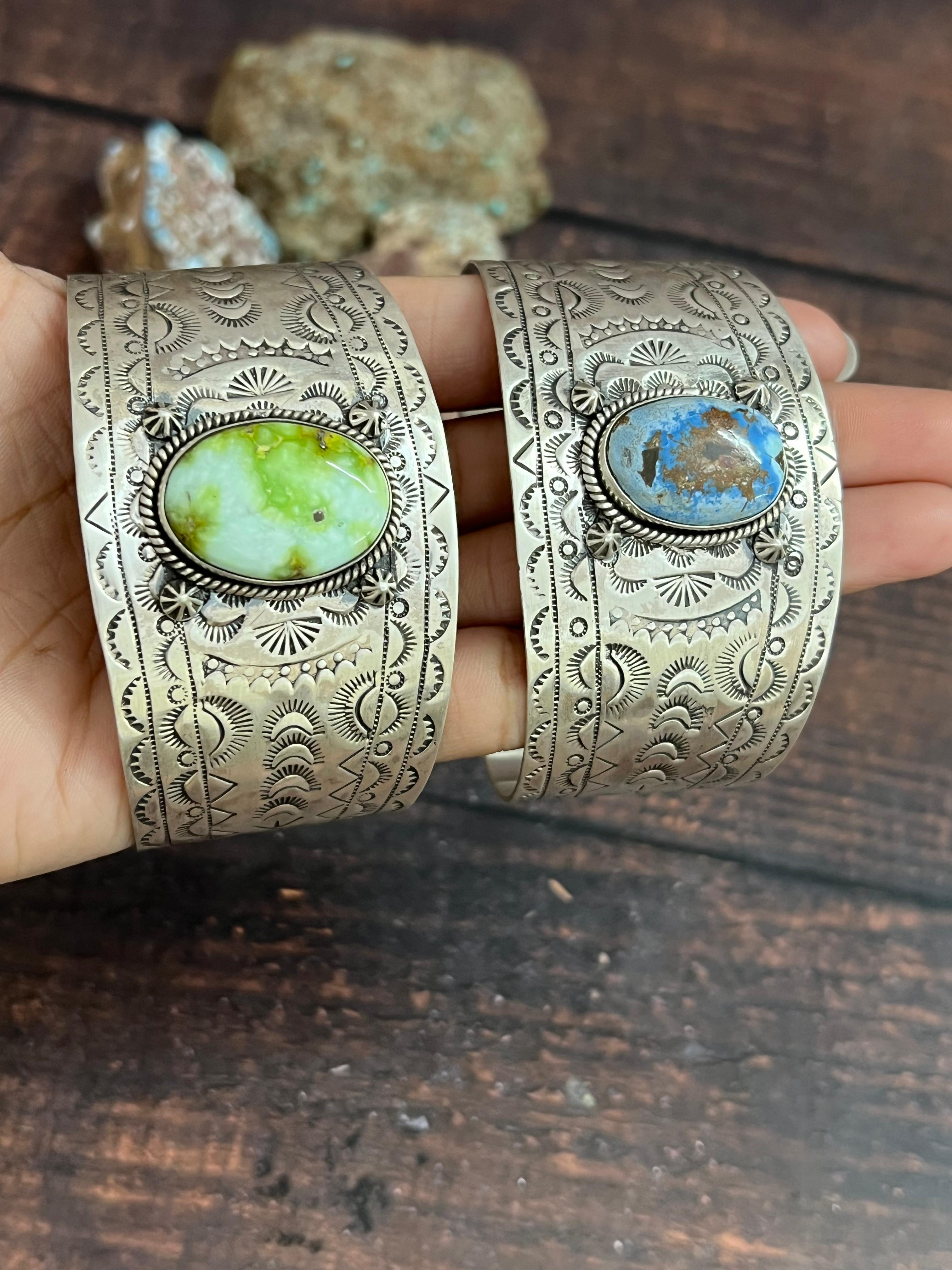 Handmade Sterling Silver Golden Hills, Palomino Turquoise Bracelet with Signed Nizhoni