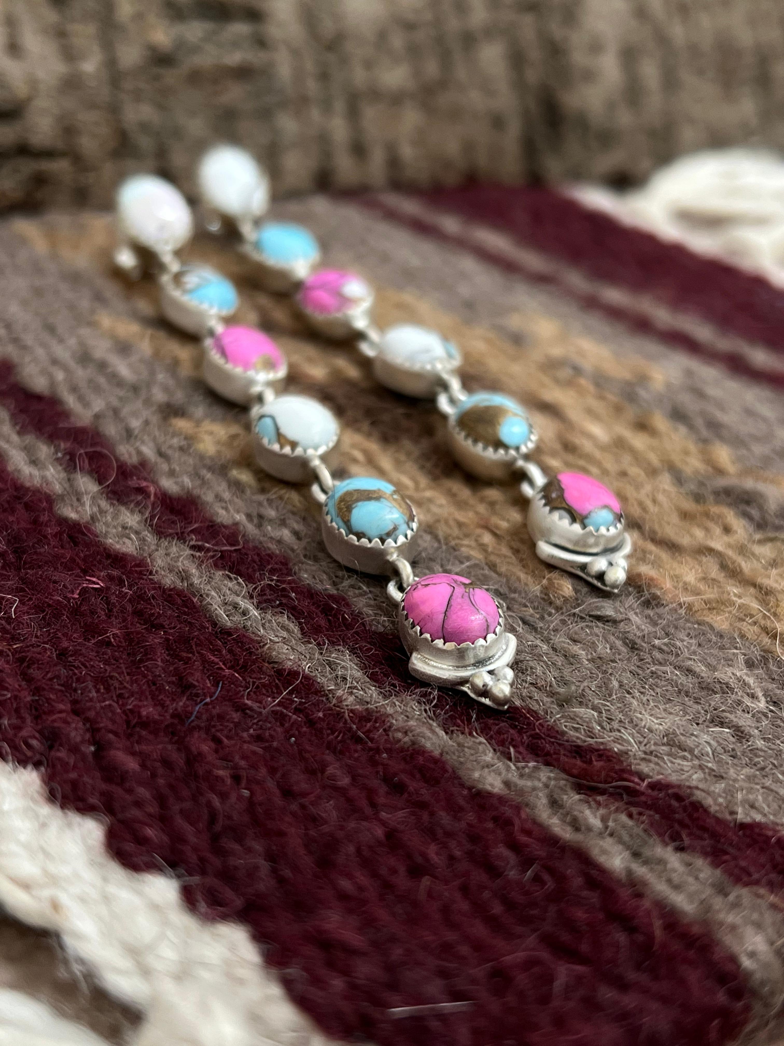 Handmade Sterling Silver Cotton Candy Turquoise Post Dangle Earrings with Signed Nizhoni