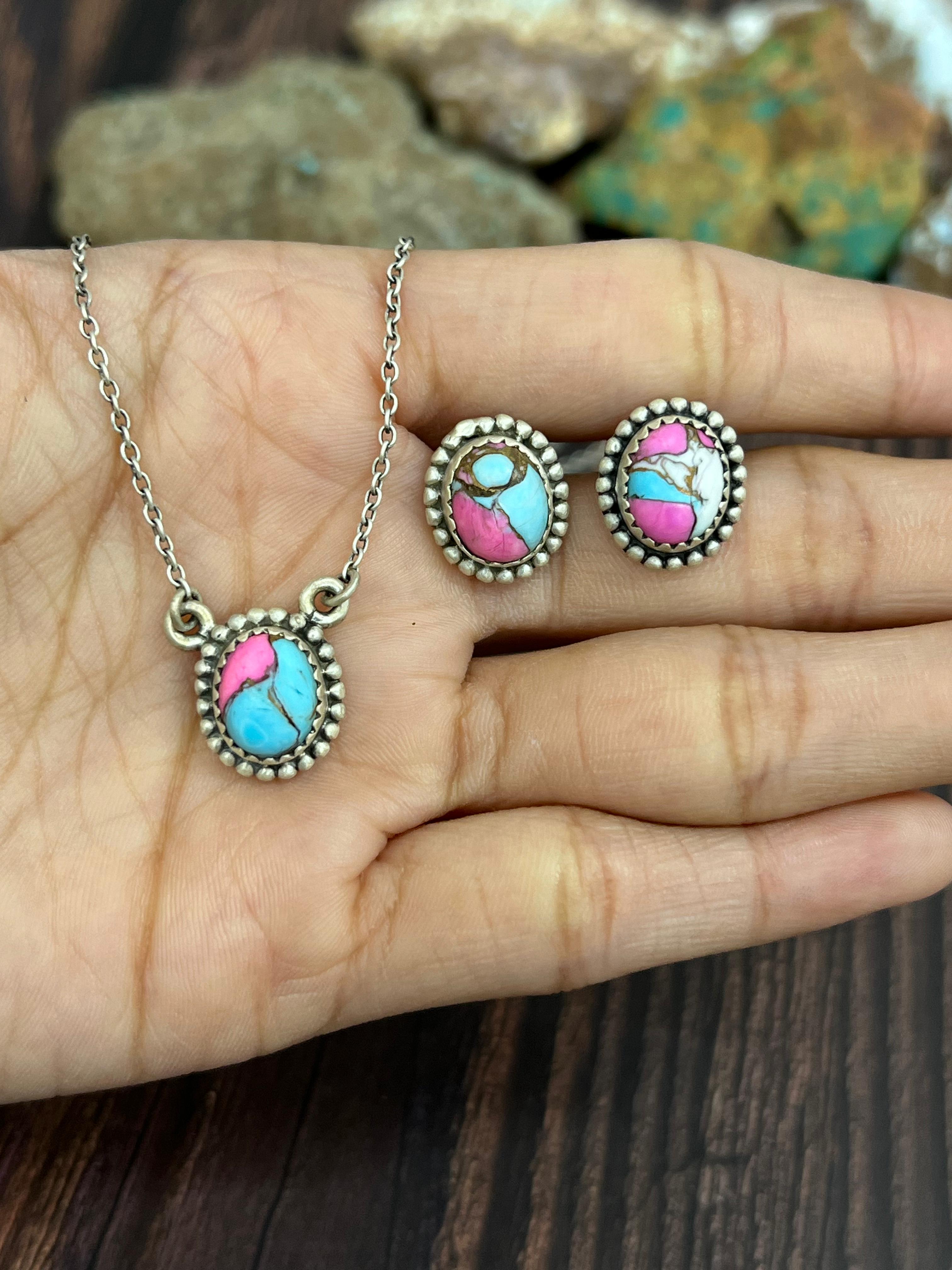 Handmade Sterling Silver Cotton Candy Turquoise Necklace Earrings Set, Signed Nizhoni (6)
